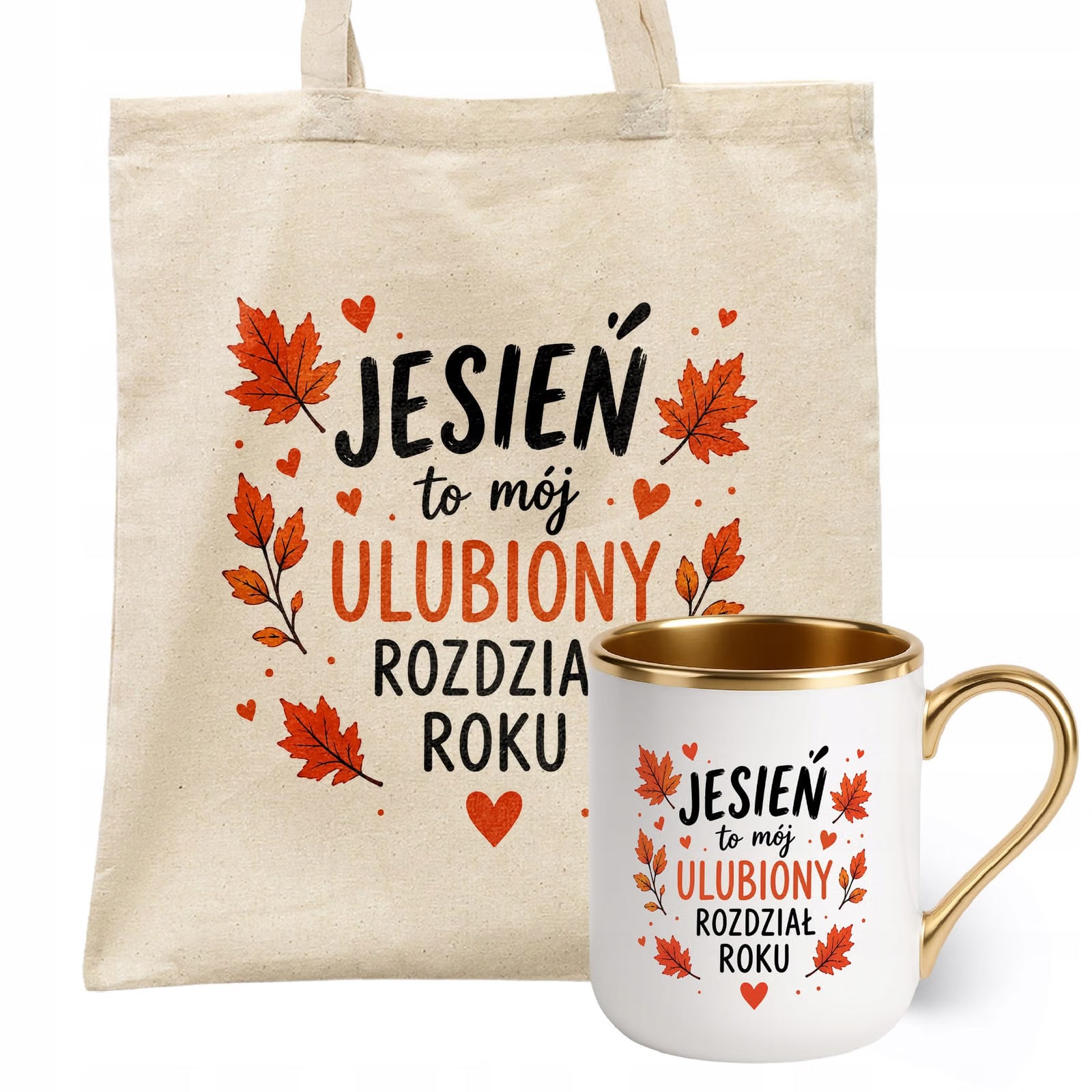 Zestaw Kubek Premium Złoty Torba Shopper Ecru Z Nadrukiem Jesień
