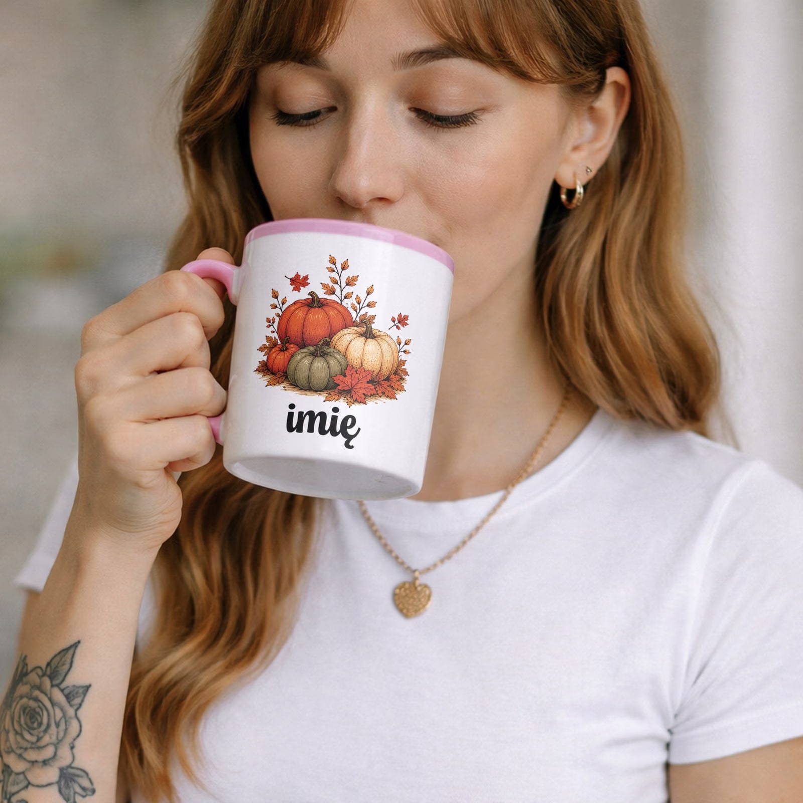 Zestaw Personalizowany Kubek Różowy Poduszka Jesień Jesienny Z Nadrukiem