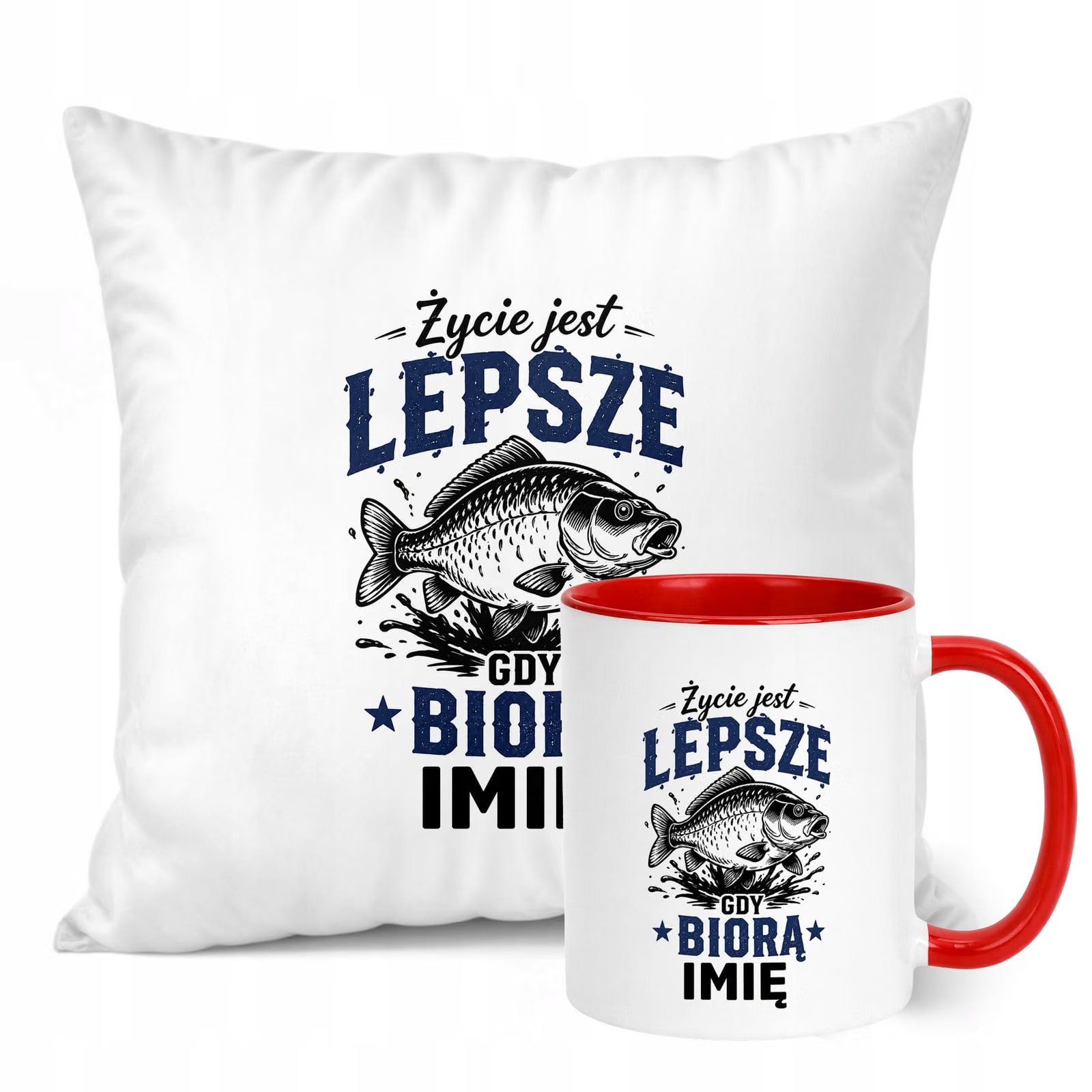 Zestaw Personalizowany Kubek Czerwony Poduszka Z Nadrukiem Dla Wędkarza