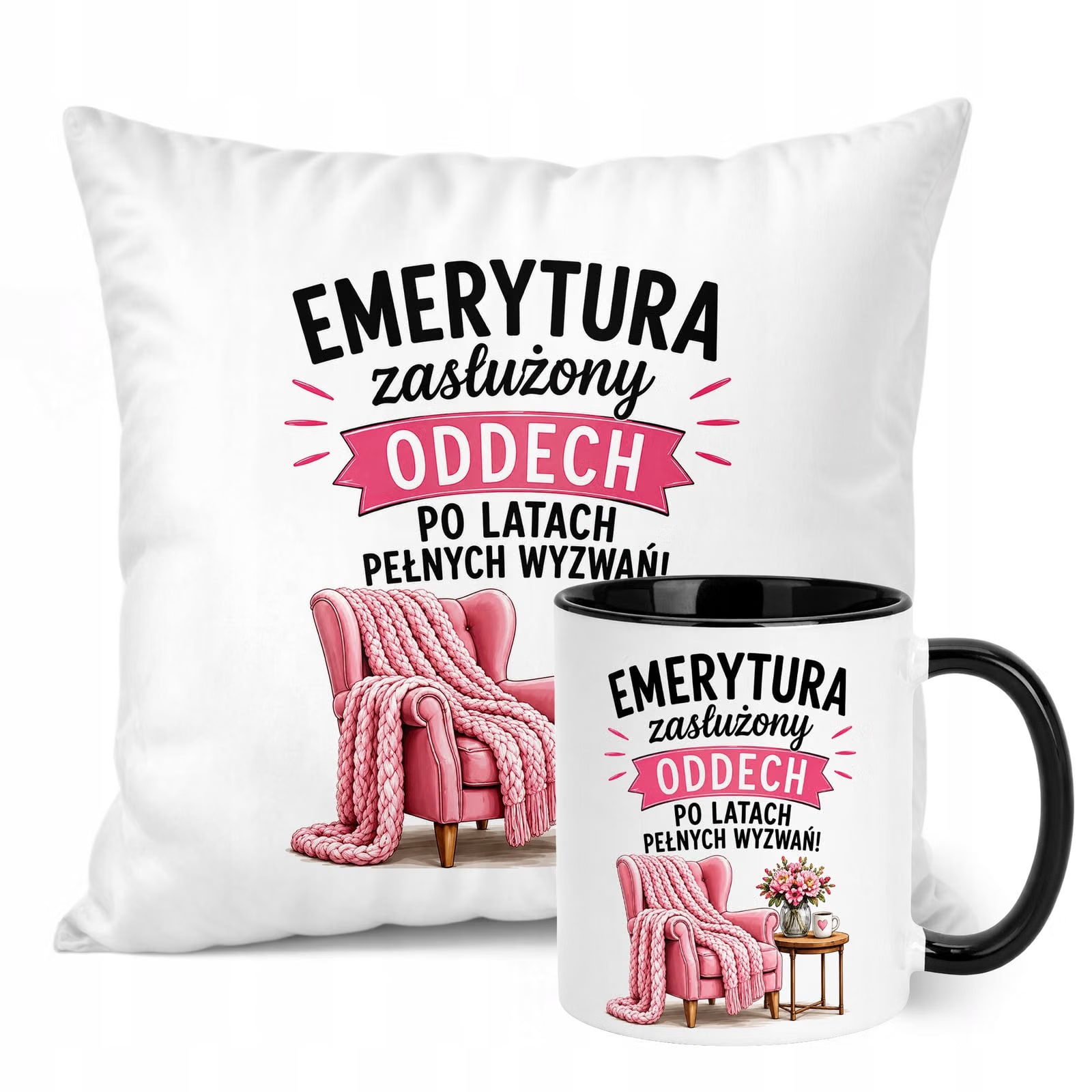 Zestaw Kubek Czarny Poduszka Z Nadrukiem Emerytura Dla Emerytki Prezent