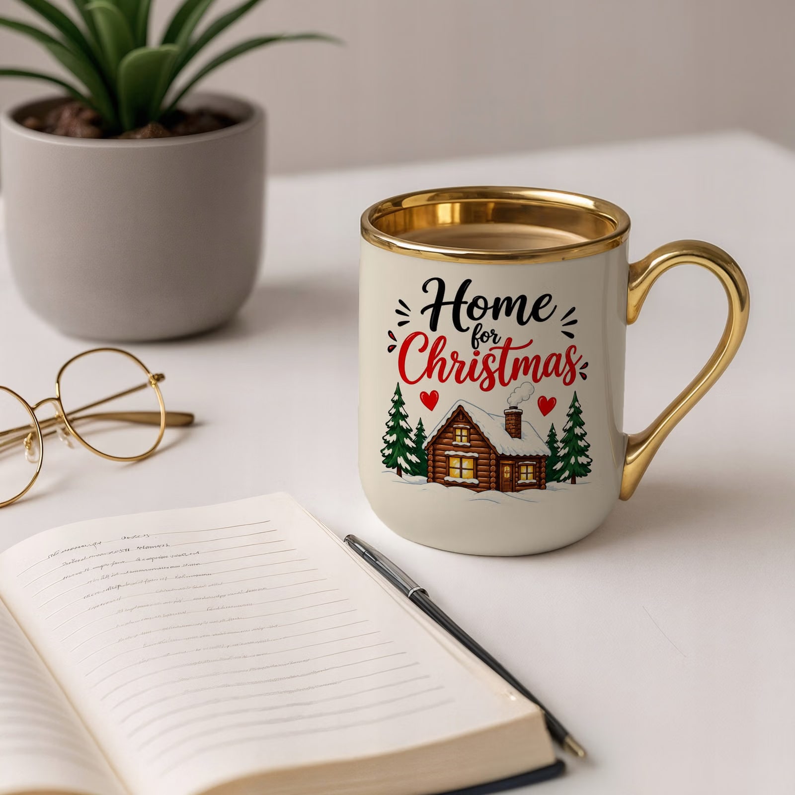 Kubek Premium Złoty Ecru Boże Narodzenie Mikołajki Home For Christmas