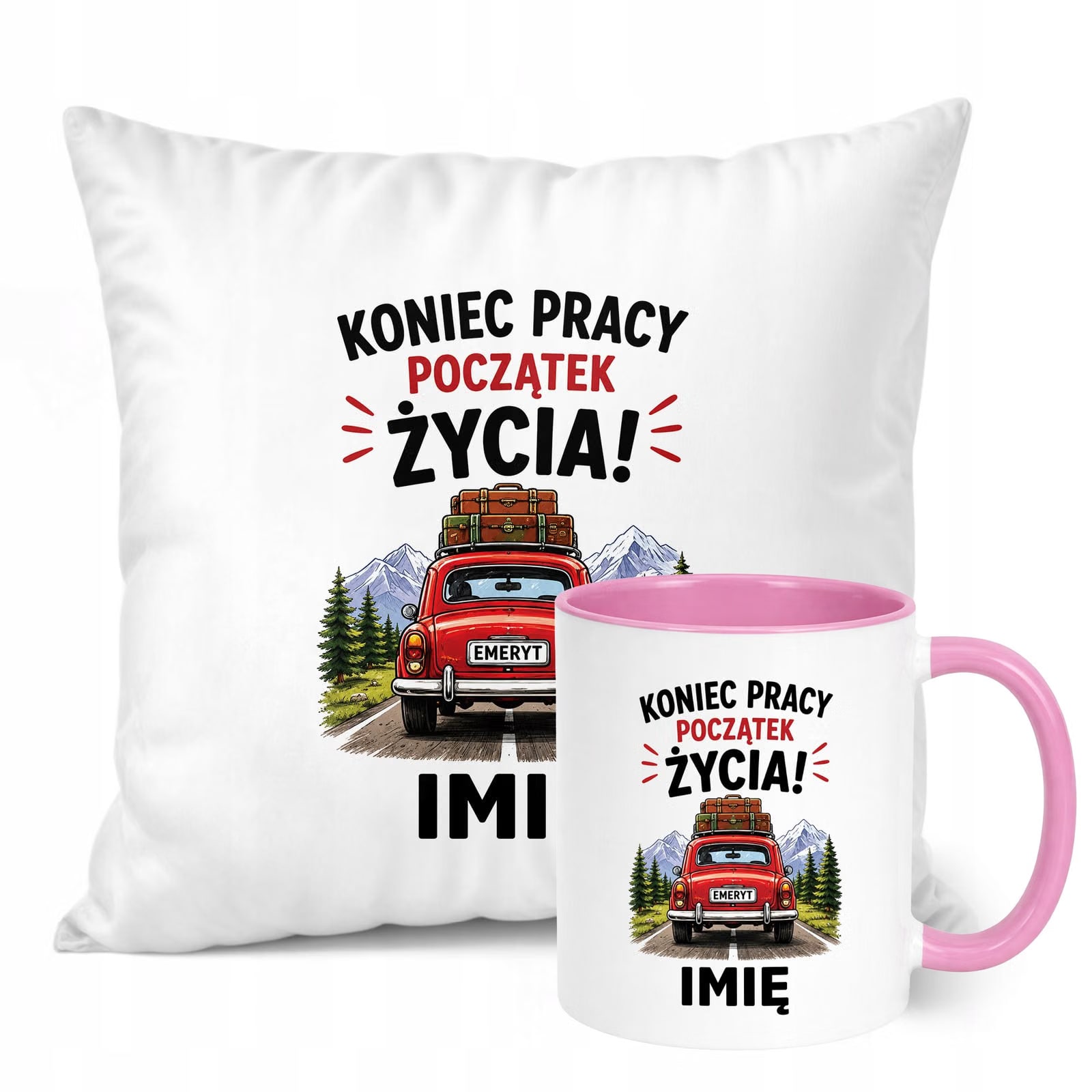 Zestaw Personalizowany Kubek Różowy Poduszka Emerytura Upominek Prezent
