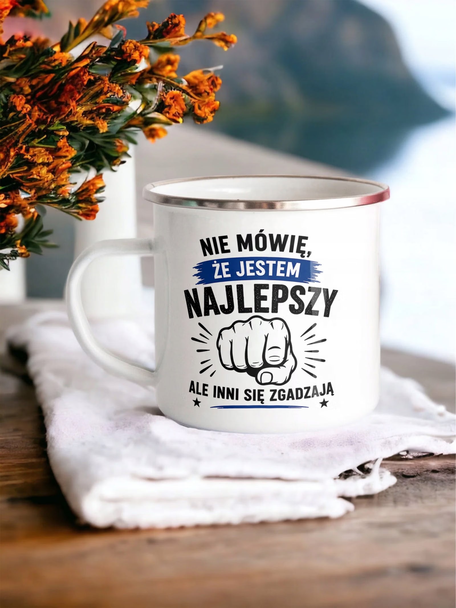 Kubek Emaliowany Dzień Chłopaka Mężczyzny z Nadrukiem Biały Metalowy