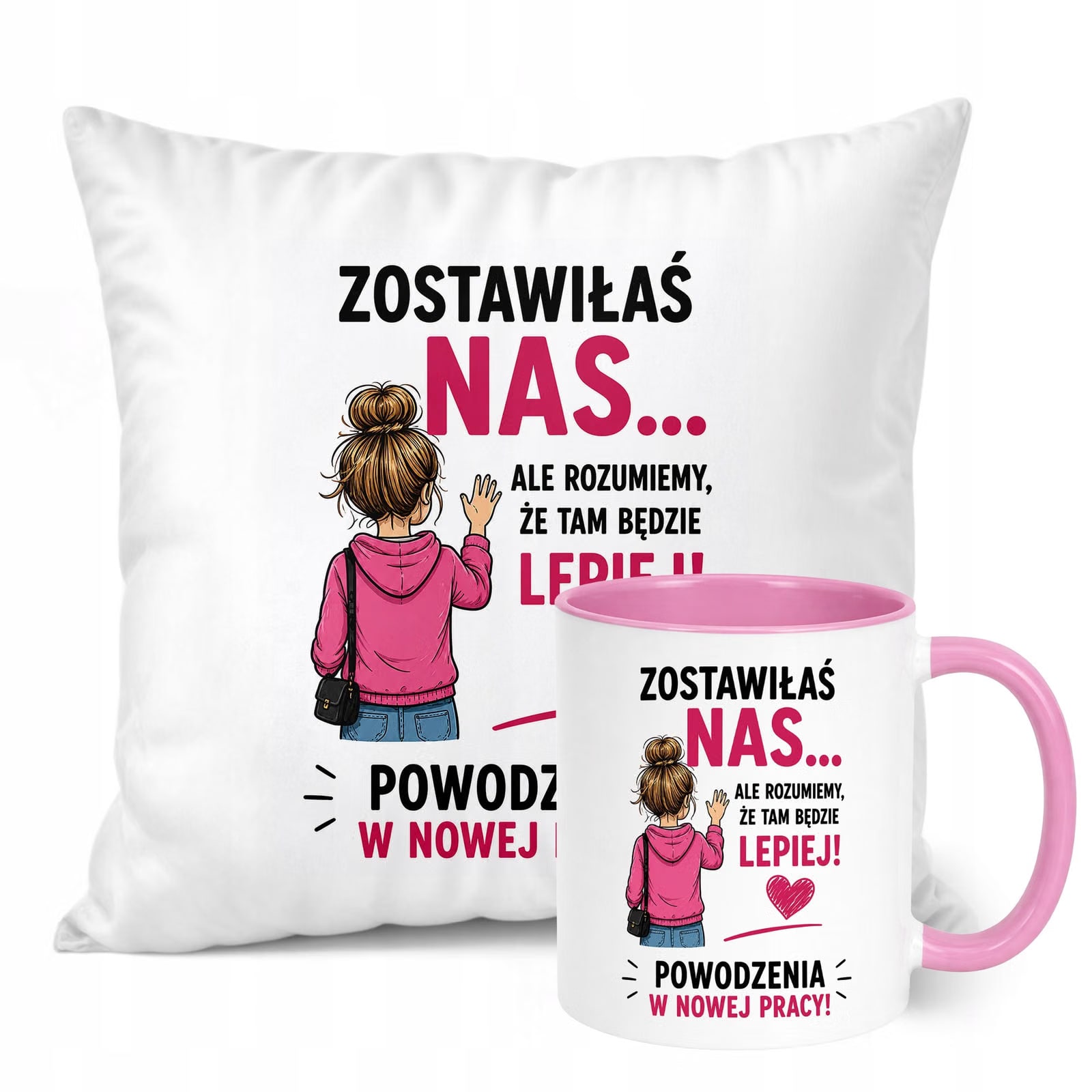 Zestaw Kubek Różowy Poduszka Z Nadrukiem Odejście z Pracy Prezent