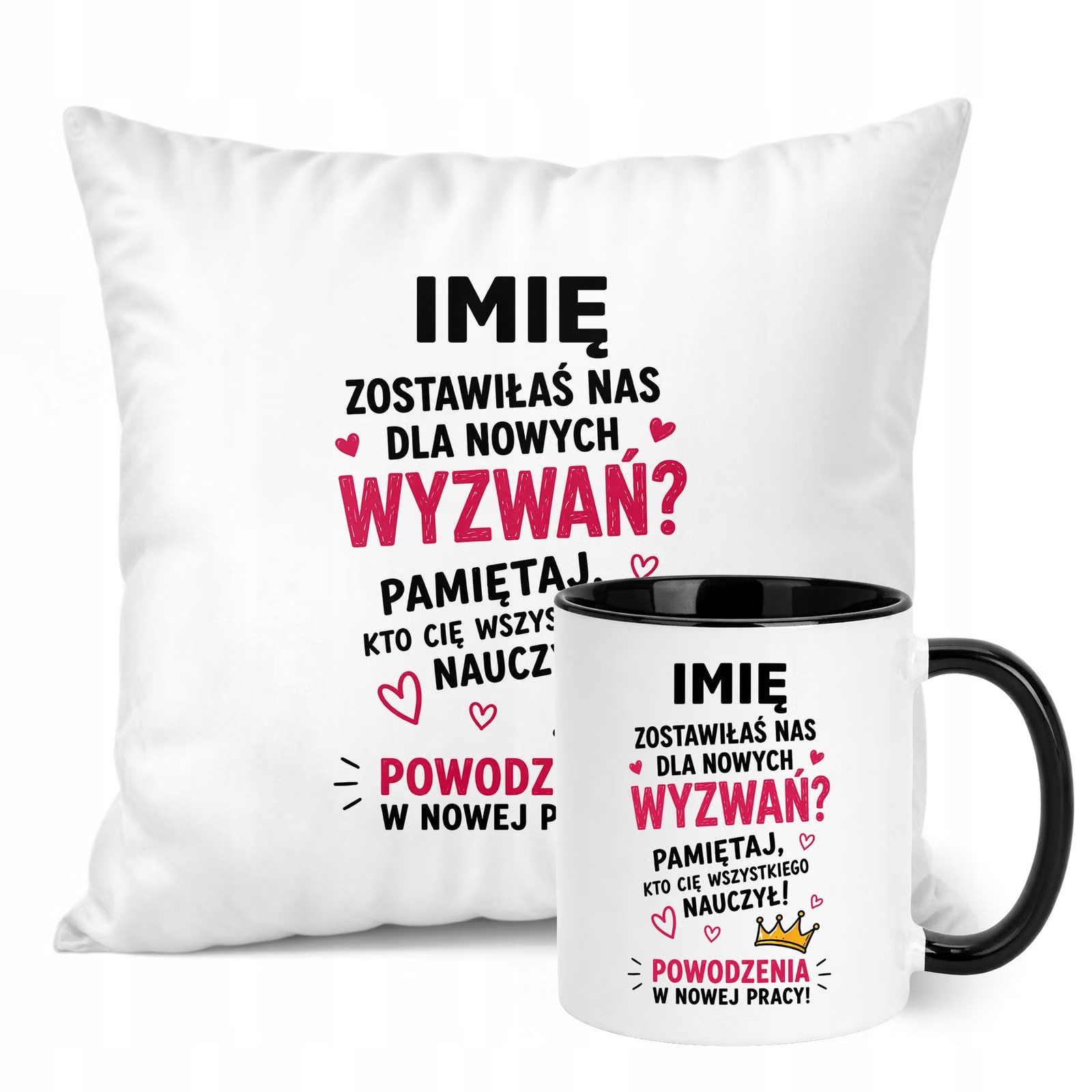 Zestaw Personalizowany Kubek Czarny Poduszka Odejście z Pracy Prezent