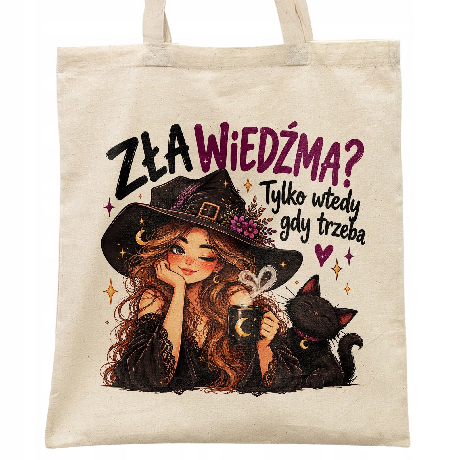 Torba shopper bawełniana czarownica kobieta na zakupy z nadrukiem