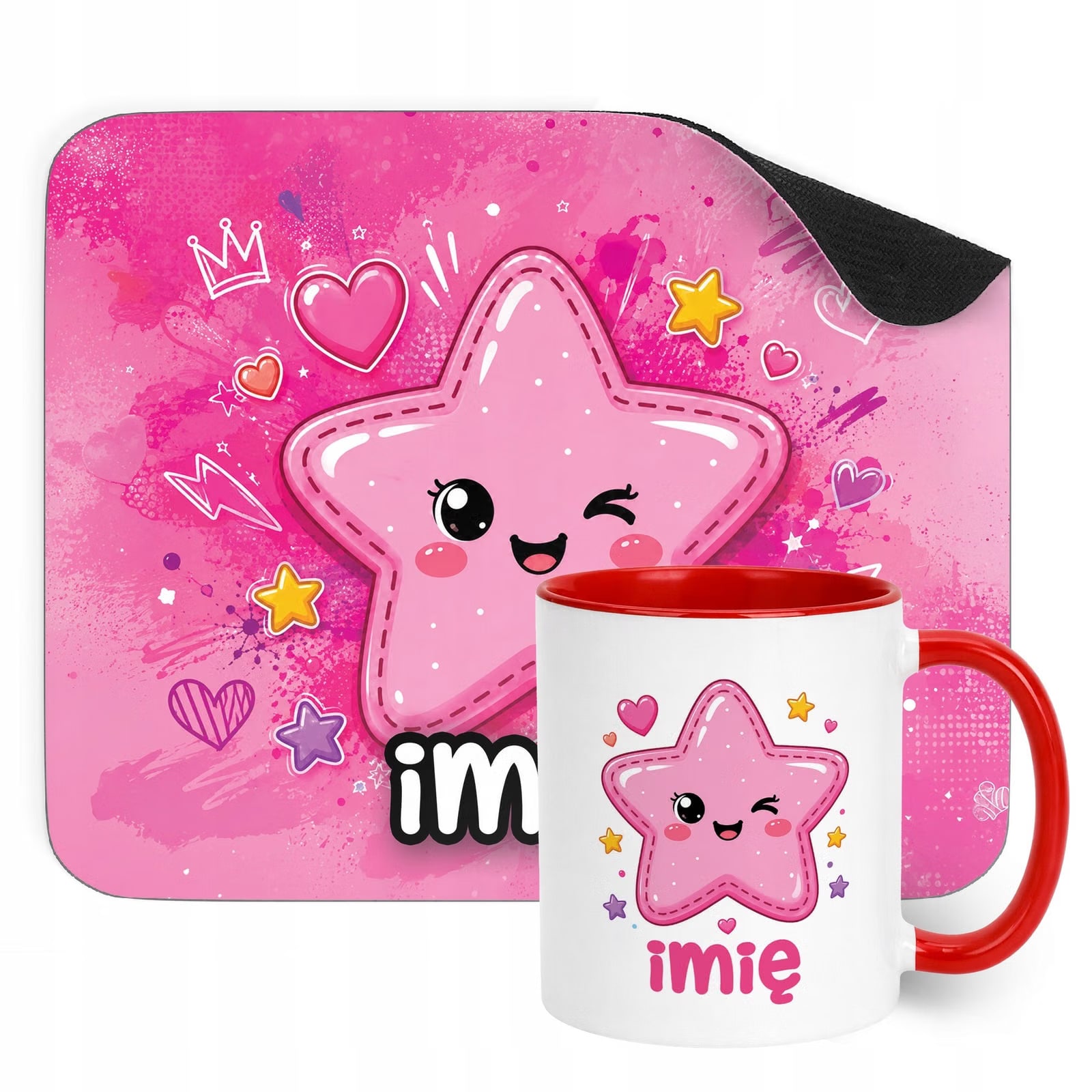Zestaw personalizowany Kubek Czerwony Podkładka pod mysz Kawaii Gwiazdka