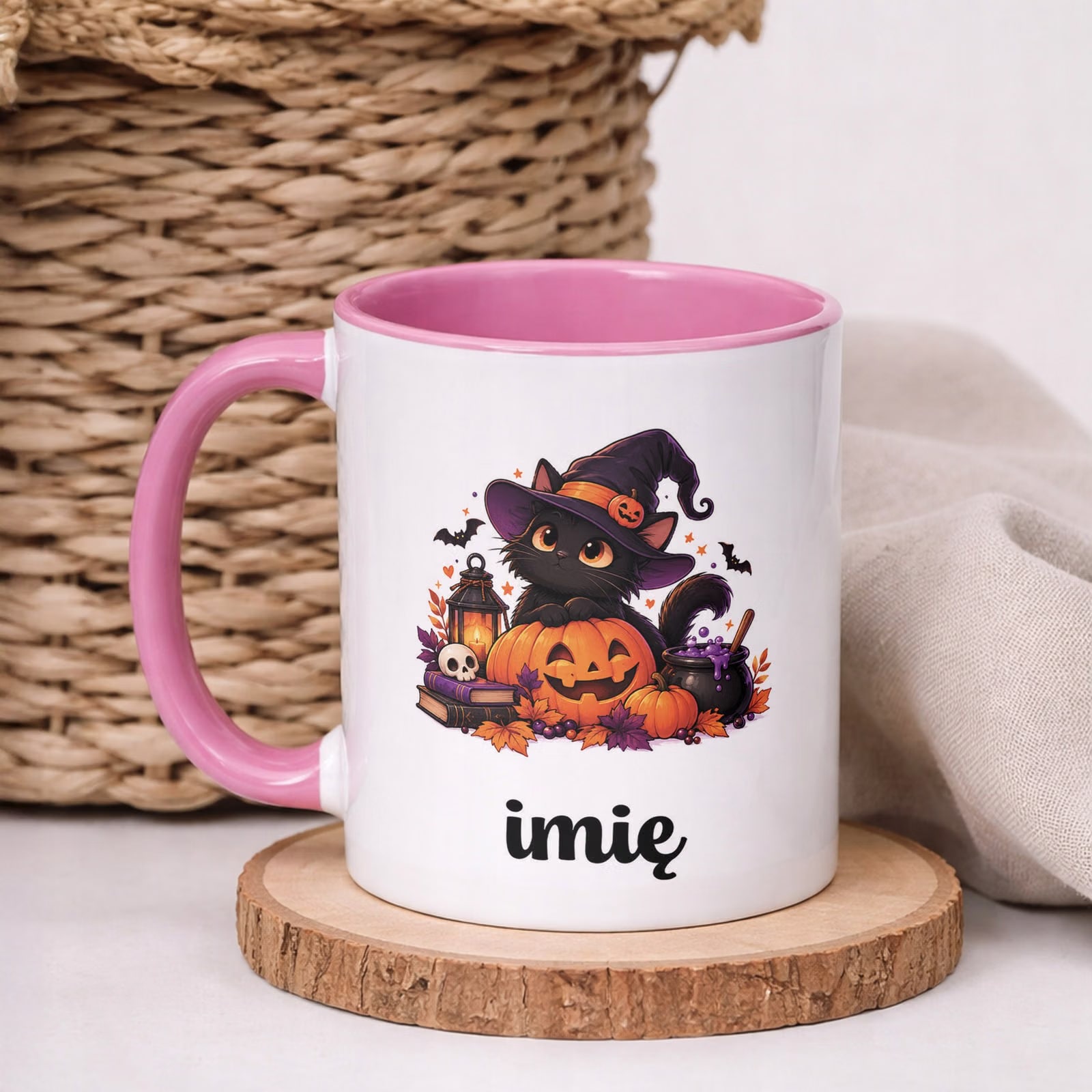 Kubek Różowy Personalizowany z Nadrukiem Halloween Jesień Prezent Upominek