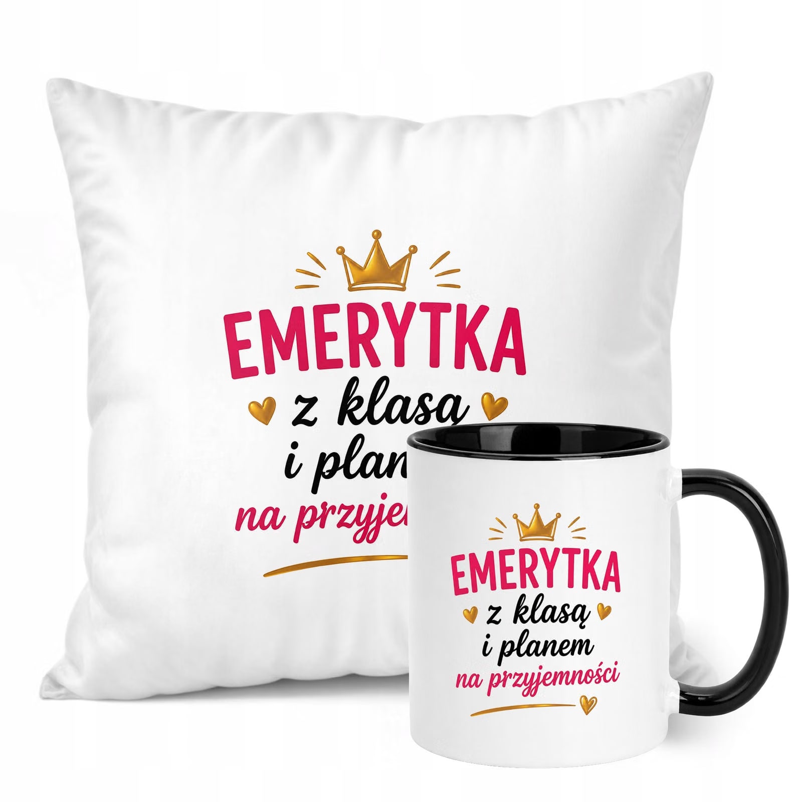 Zestaw Kubek Czarny Poduszka Z Nadrukiem Emerytura Dla Emerytki Prezent