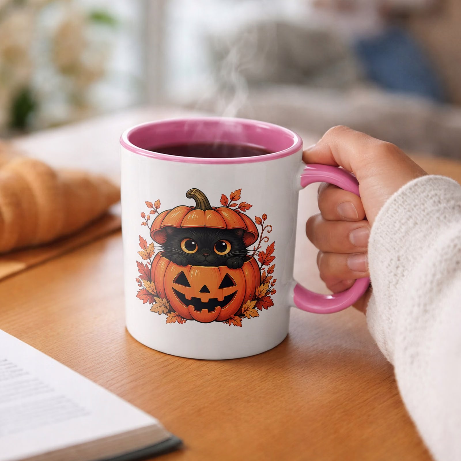 Kubek Różowy z Nadrukiem Halloween Jesień Kot Dynia Prezent Upominek