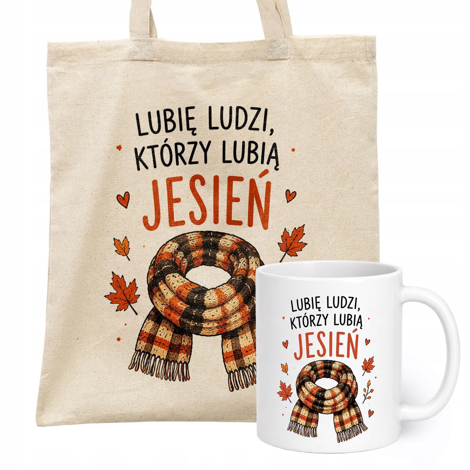 Zestaw Kubek Biały Torba Shopper Ecru Z Nadrukiem Jesień Jesienny Prezent