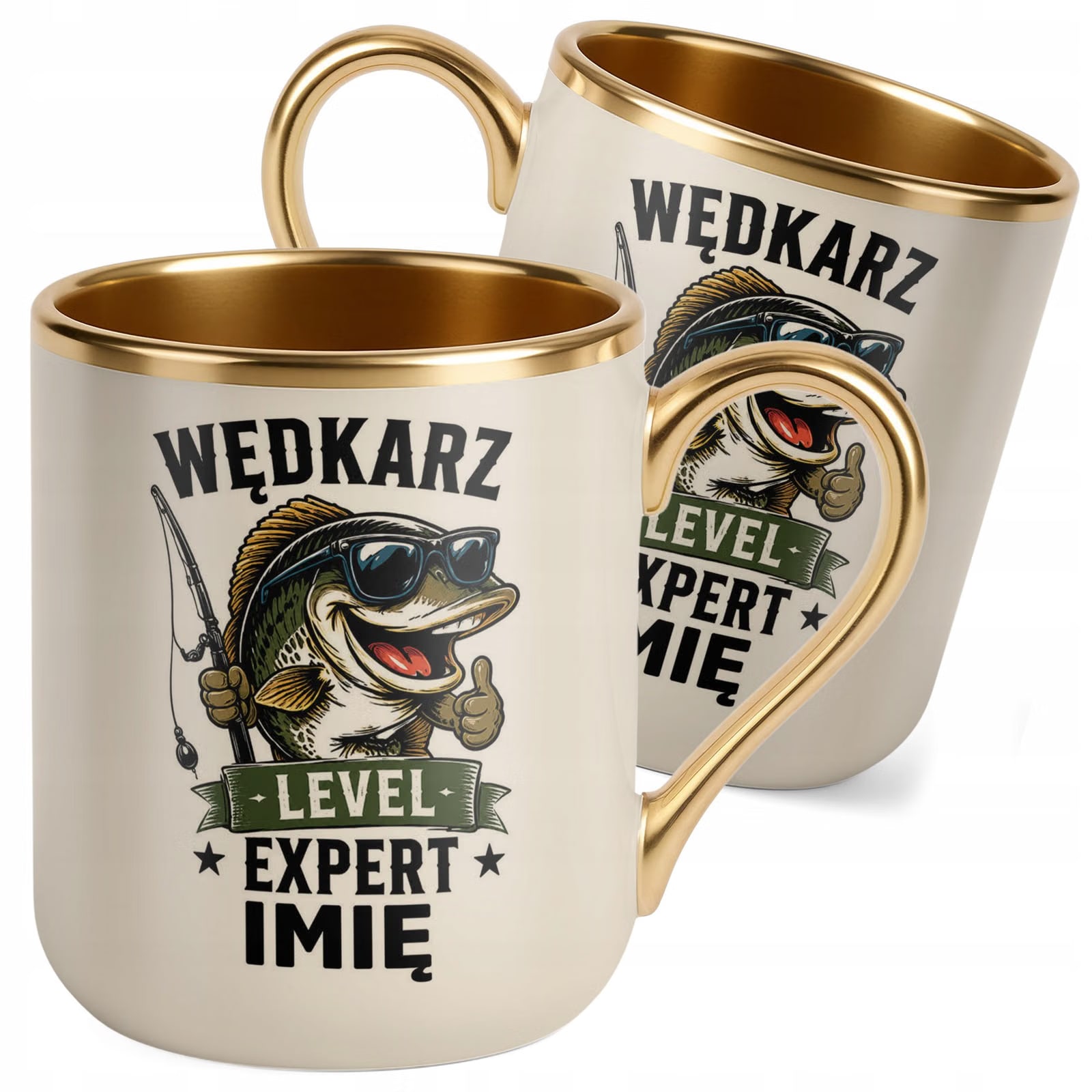 Kubek Personalizowany z nadrukiem Premium Złoty Ecru Dla Wędkarza Prezent
