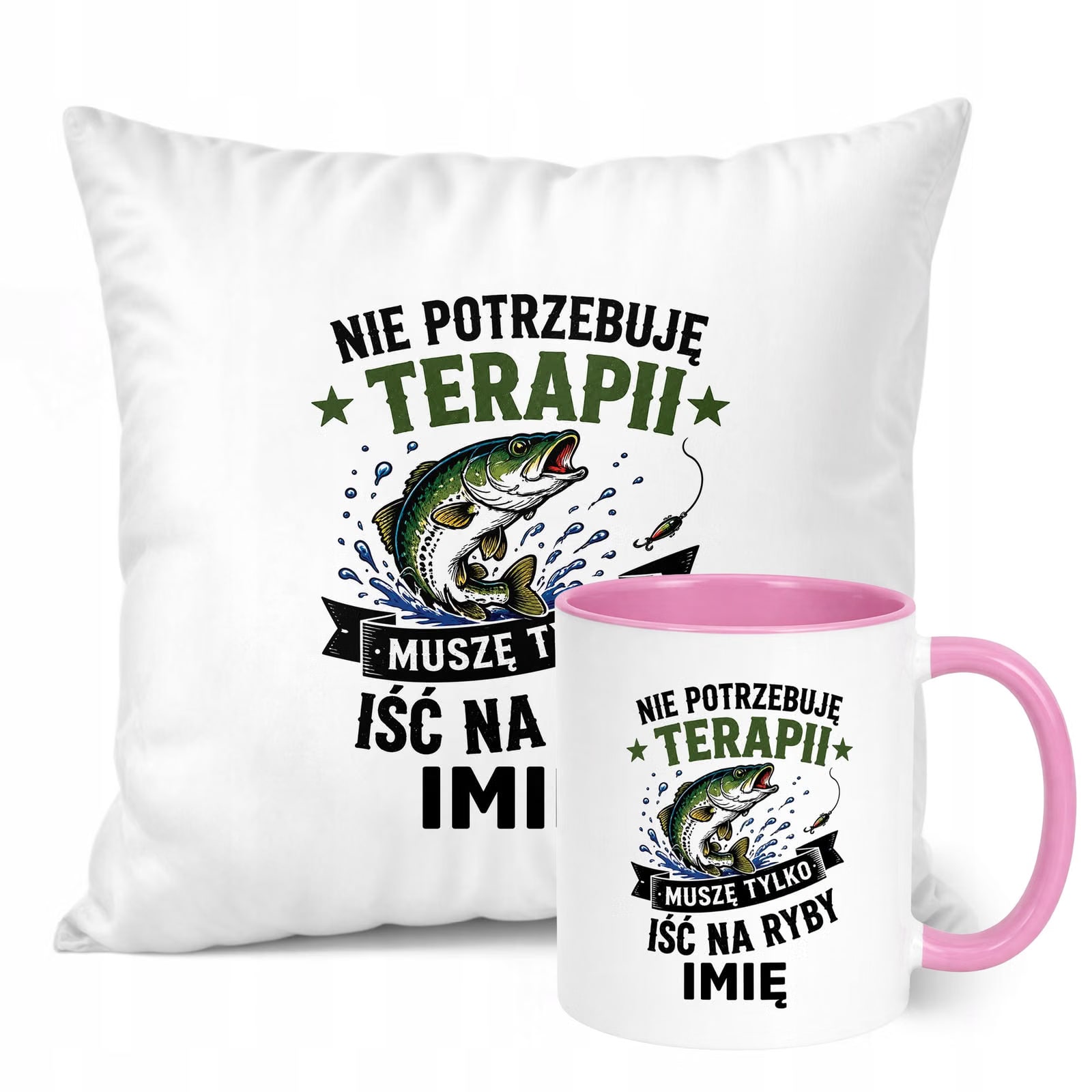 Zestaw Personalizowany Kubek Różowy Poduszka Z Nadrukiem Dla Wędkarza