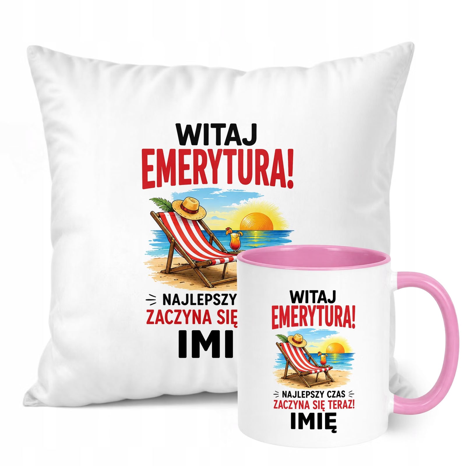 Zestaw Personalizowany Kubek Różowy Poduszka Emerytura Upominek Prezent