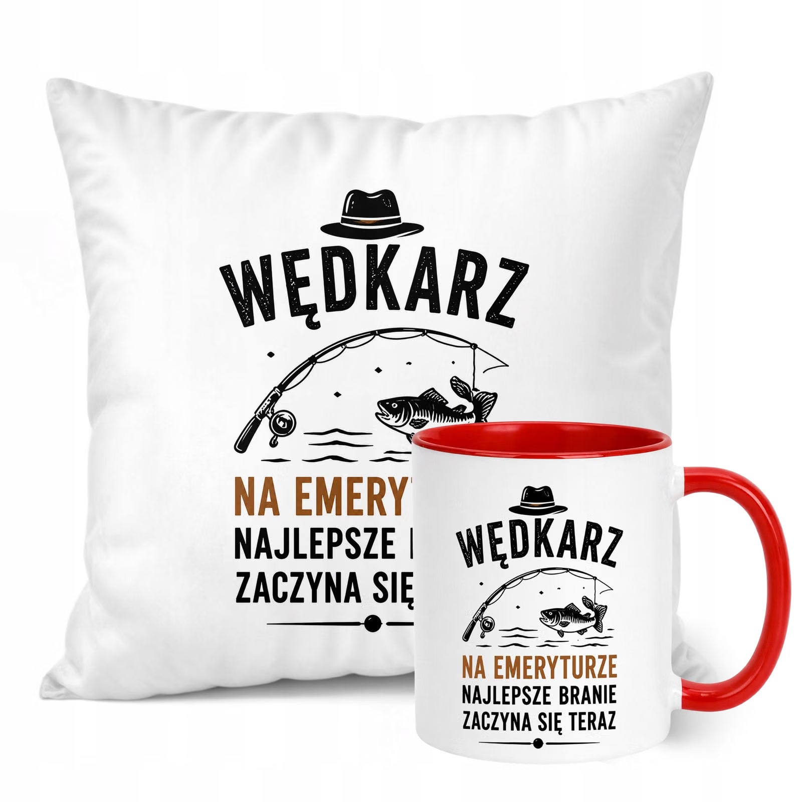 Zestaw Kubek Czerwony Poduszka Z Nadrukiem Emerytura Dla Emeryta Prezent