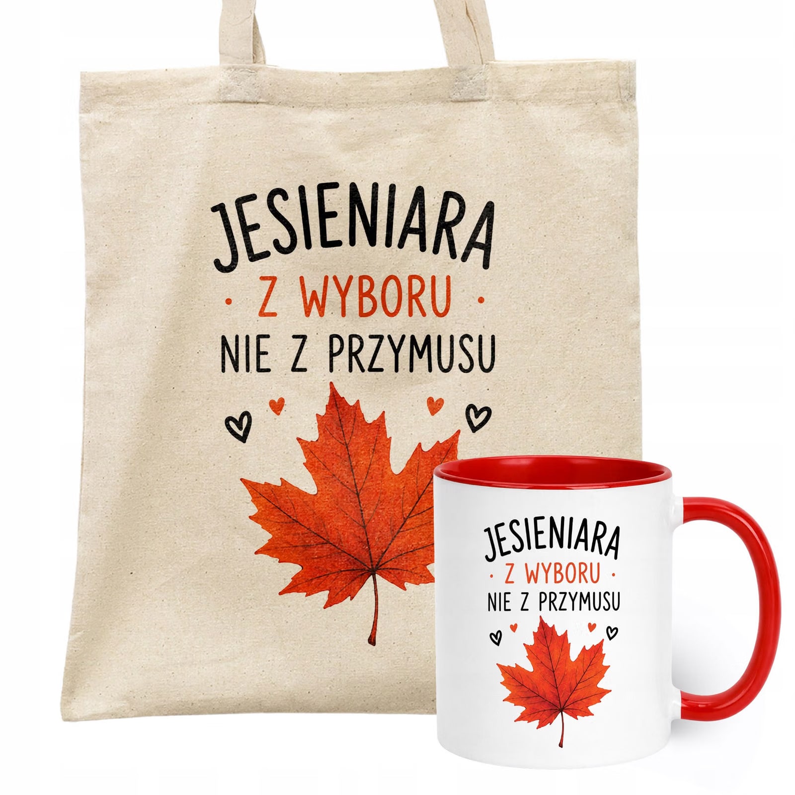 Zestaw Kubek Czerwony Torba Shopper Ecru Z Nadrukiem Jesień Jesienny