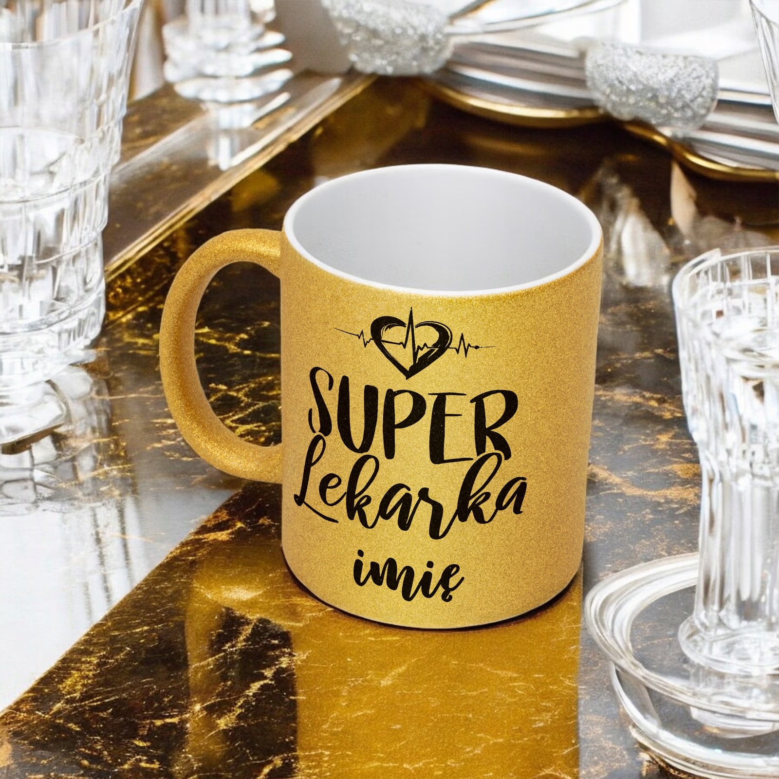Złoty kubek brokatowy Personalizowany Super Lekarka Prezent Upominek