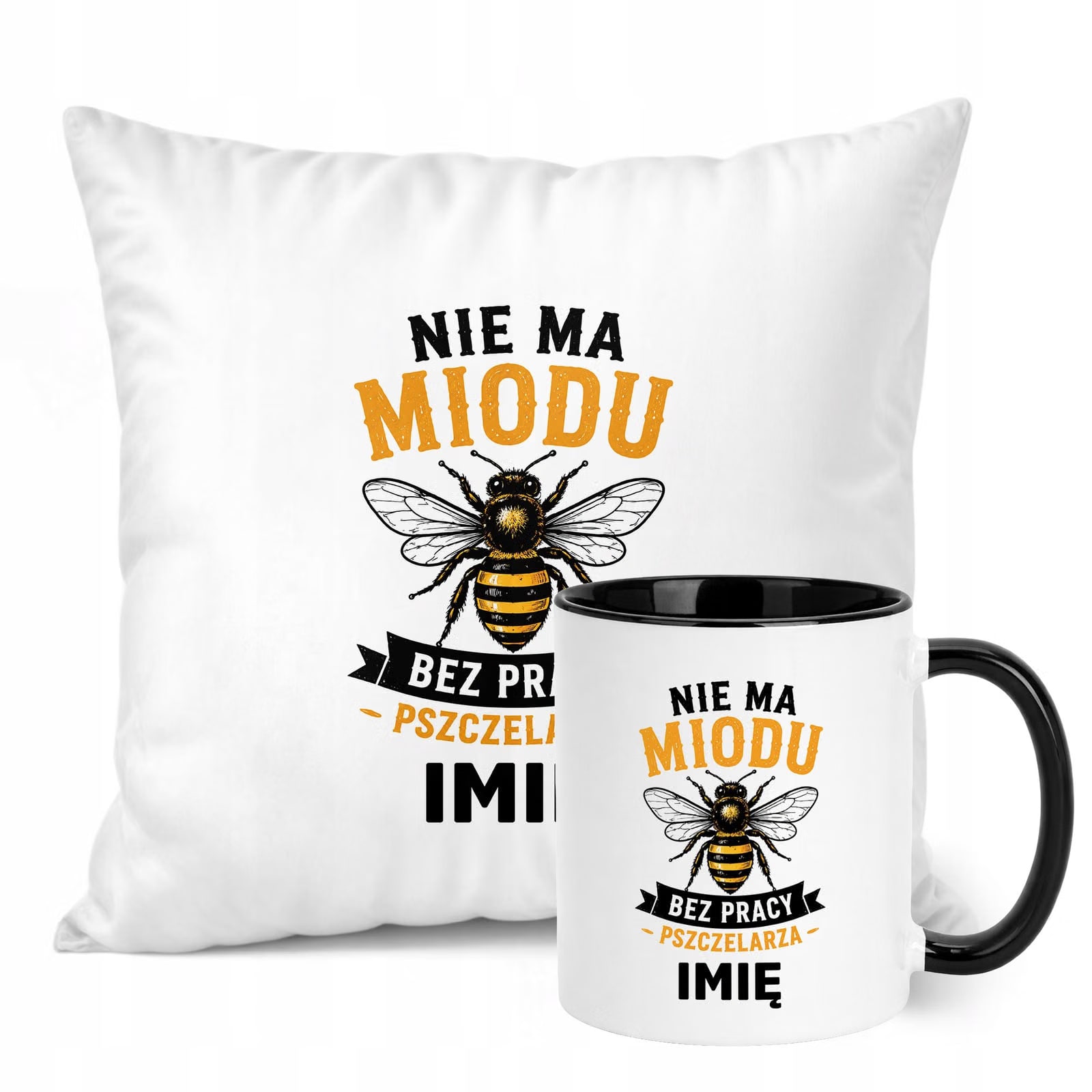Zestaw Personalizowany Kubek Czarny Poduszka Z Nadrukiem Dla Pszczelarza