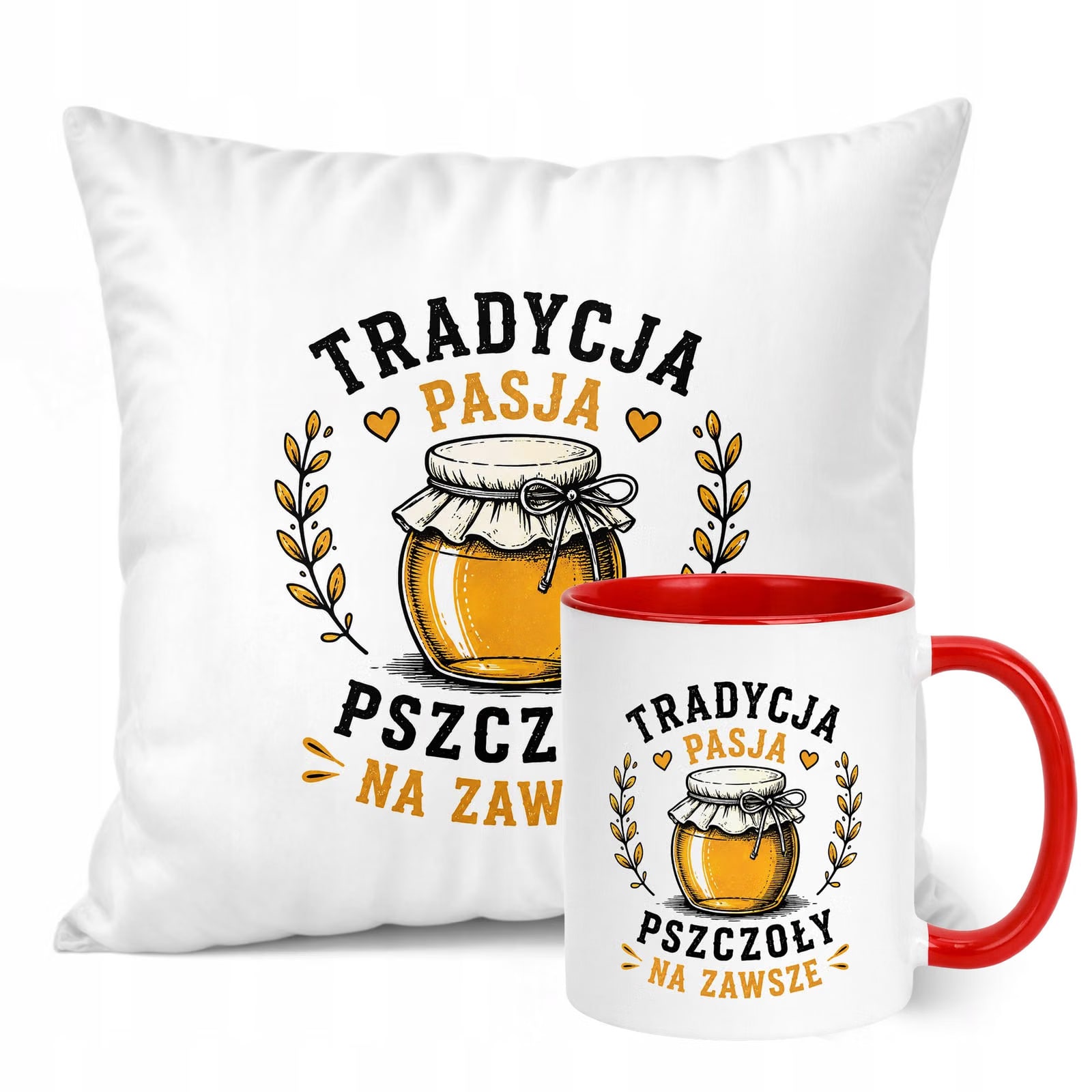 Zestaw Kubek Czerwony Poduszka Z Nadrukiem Dla Pszczelarza Prezent
