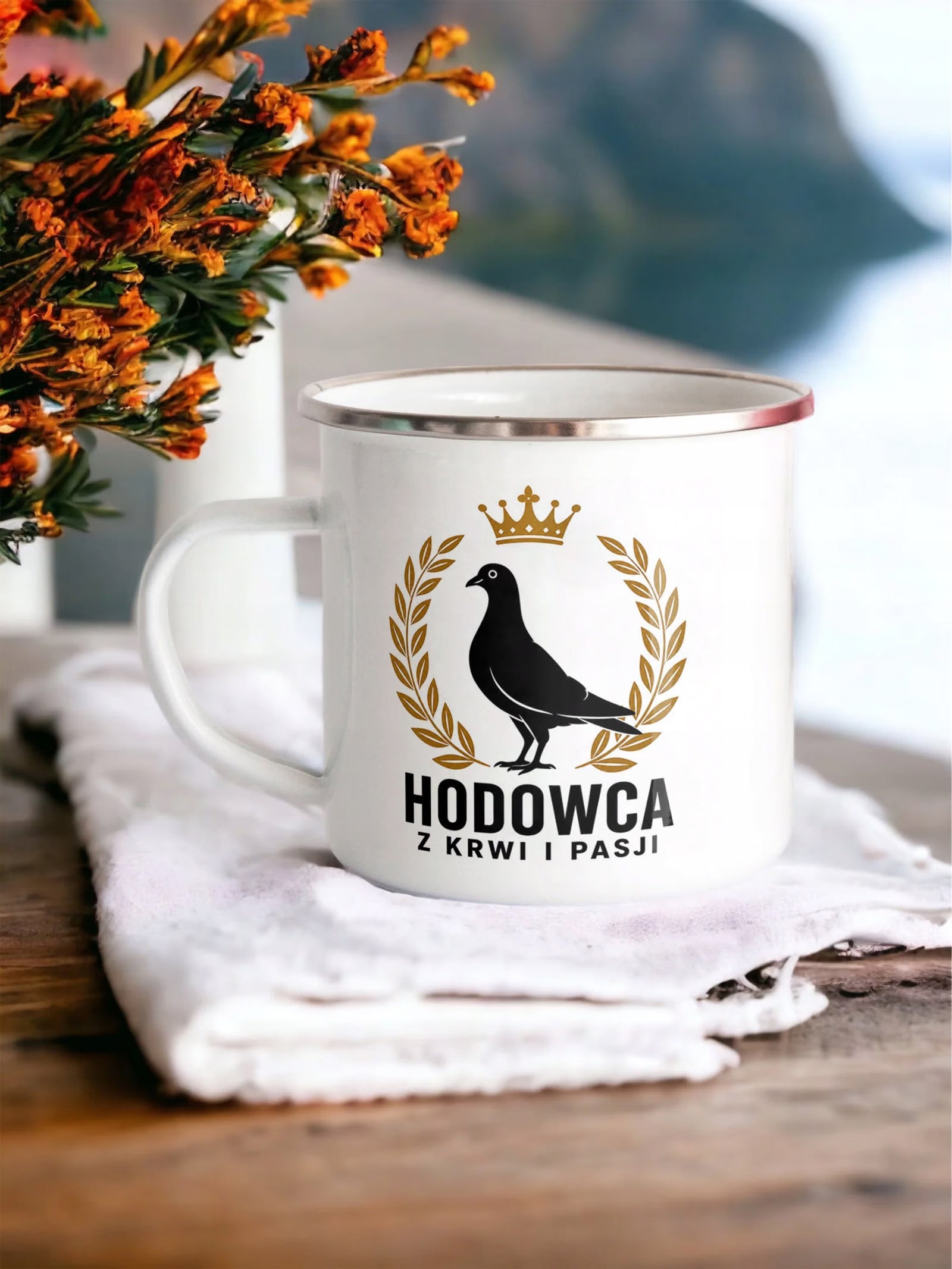 Kubek Emaliowany Dla Hodowcy Gołębi z Nadrukiem Biały Metalowy Prezent