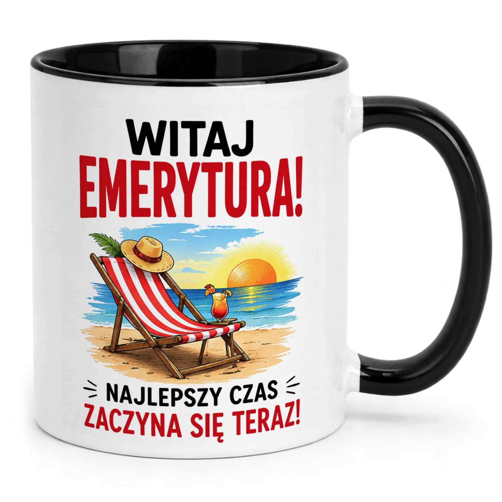 Kubek Czarny z nadrukiem Emerytura Dla Emeryta Emerytki Upominek Prezent