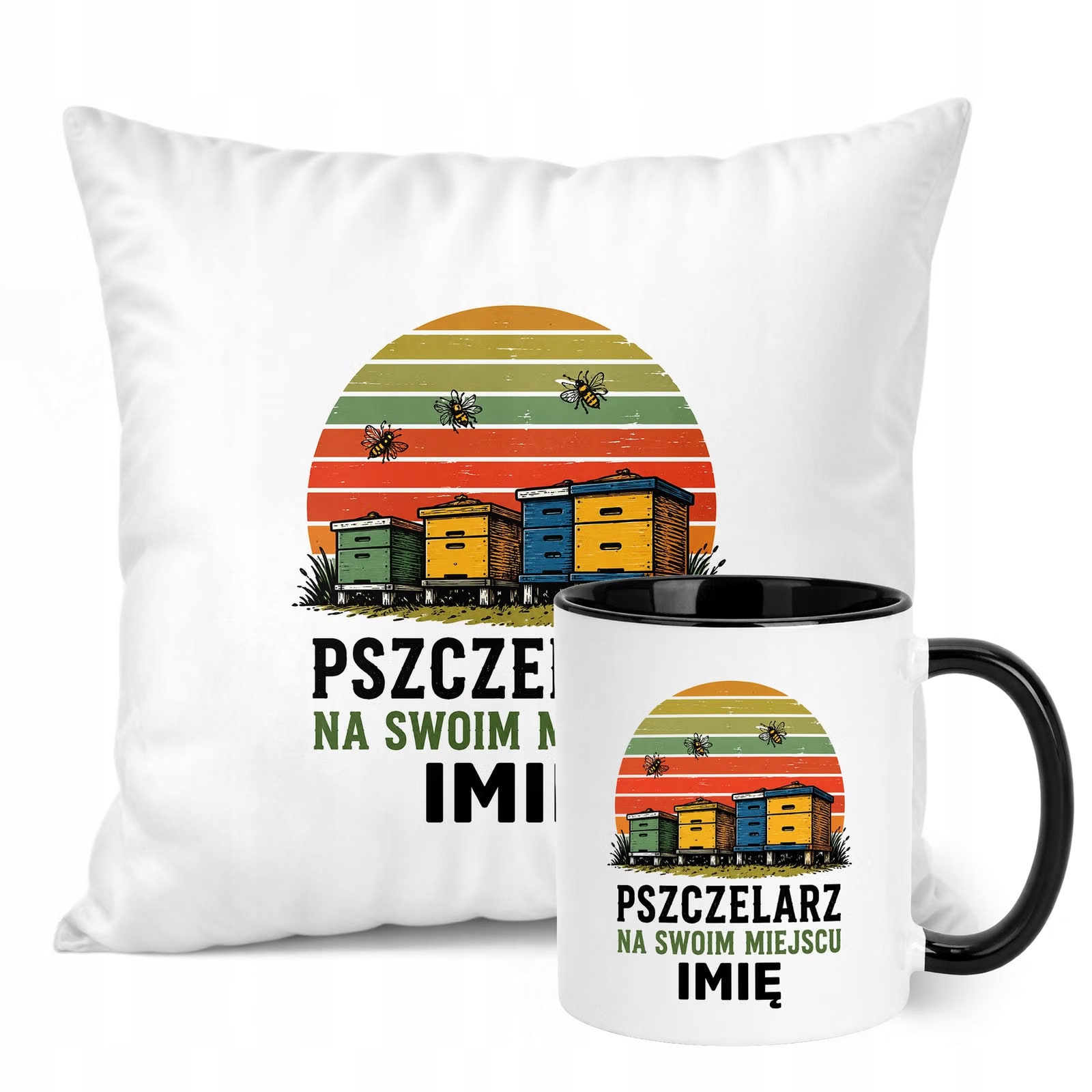 Zestaw Personalizowany Kubek Czarny Poduszka Z Nadrukiem Dla Pszczelarza