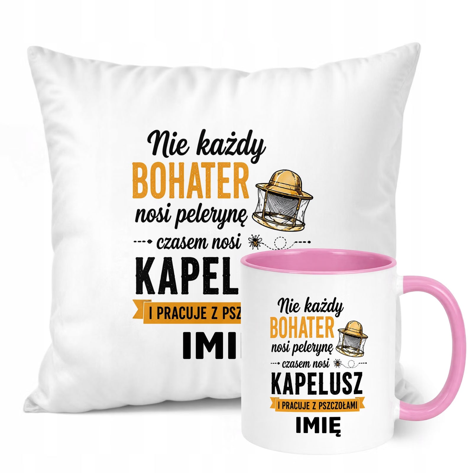 Zestaw Personalizowany Kubek Różowy Poduszka Z Nadrukiem Dla Pszczelarza