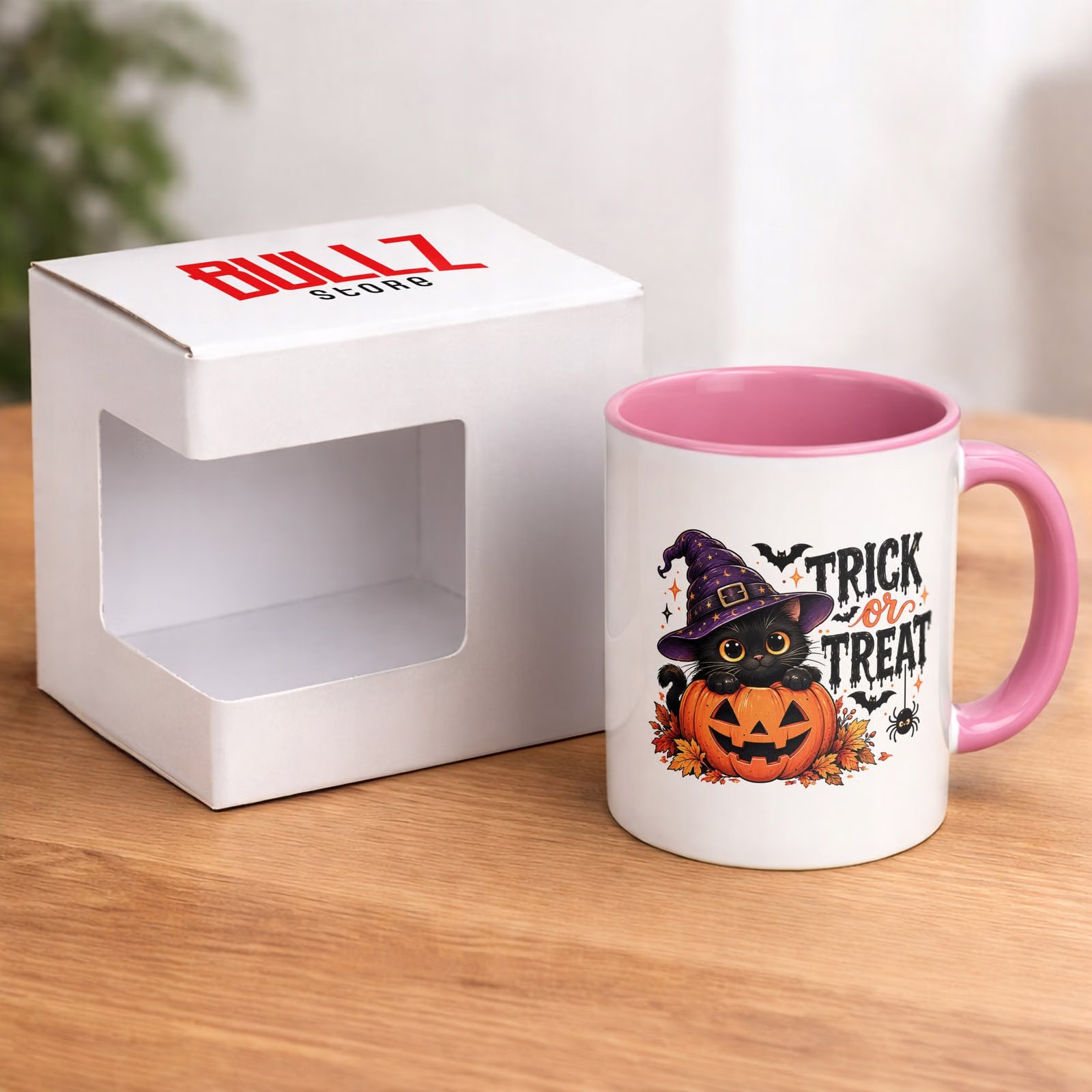 Kubek Różowy z Nadrukiem Halloween Jesień Kot Dynia Prezent Upominek
