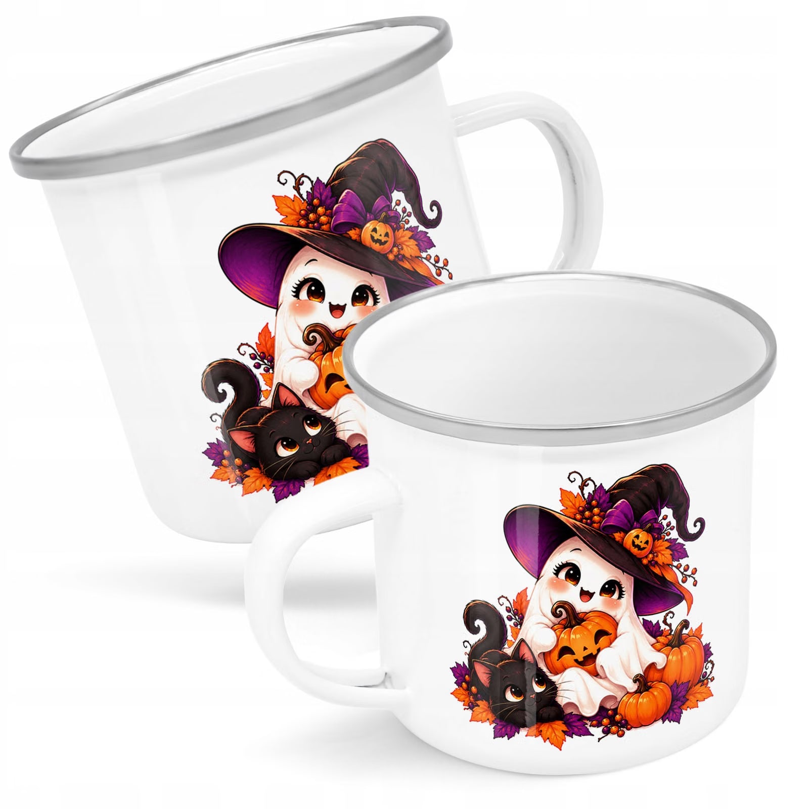 Kubek Emaliowany Halloween Duch Dynia z Nadrukiem Biały Metalowy Prezent