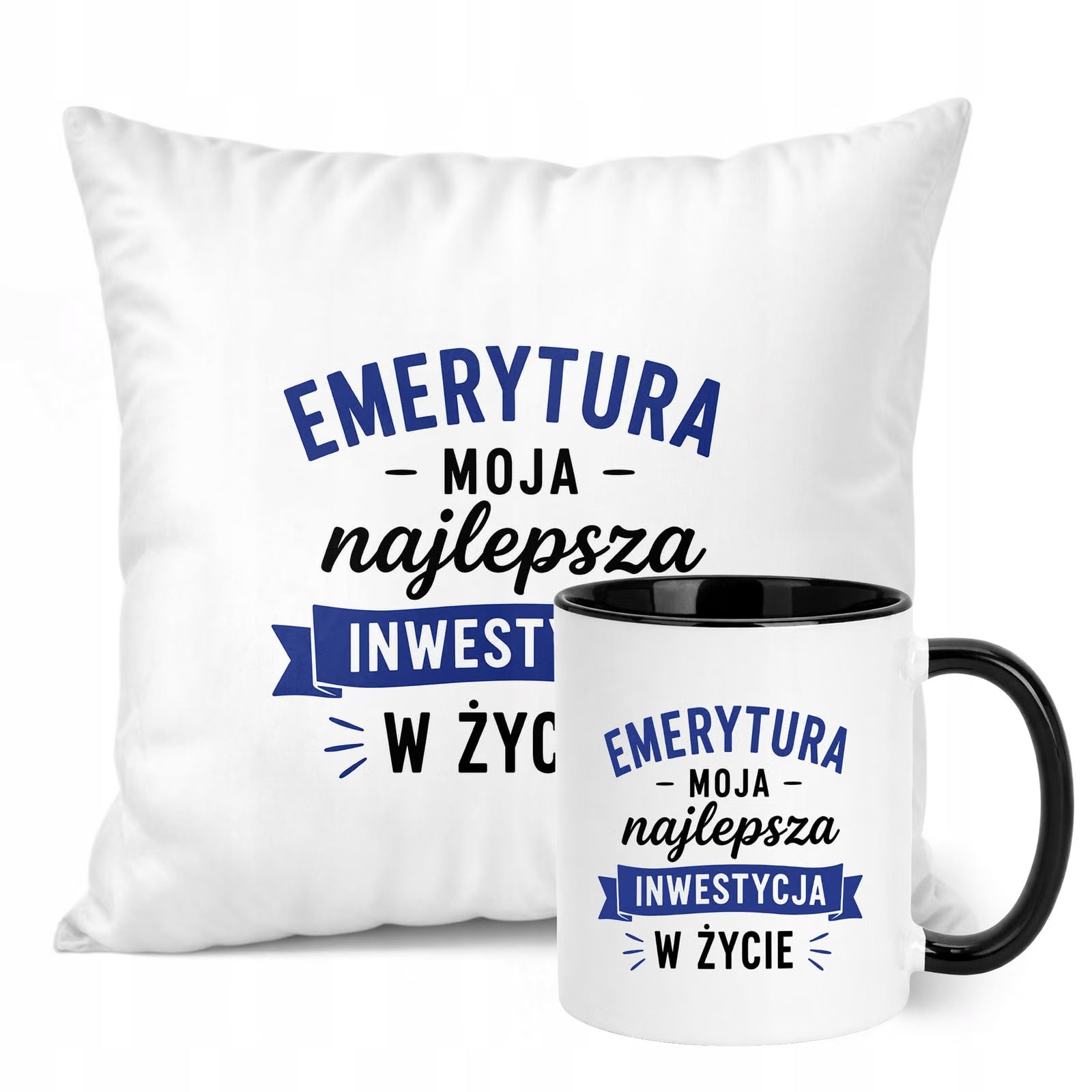 Zestaw Kubek Czarny Poduszka Z Nadrukiem Emerytura Dla Emeryta Prezent