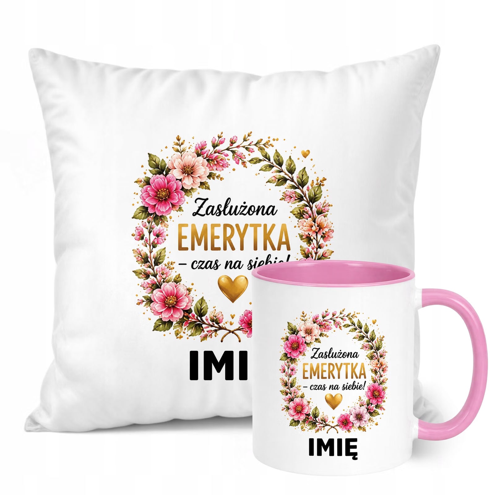 Zestaw Personalizowany Kubek Różowy Poduszka Emerytura Upominek Prezent