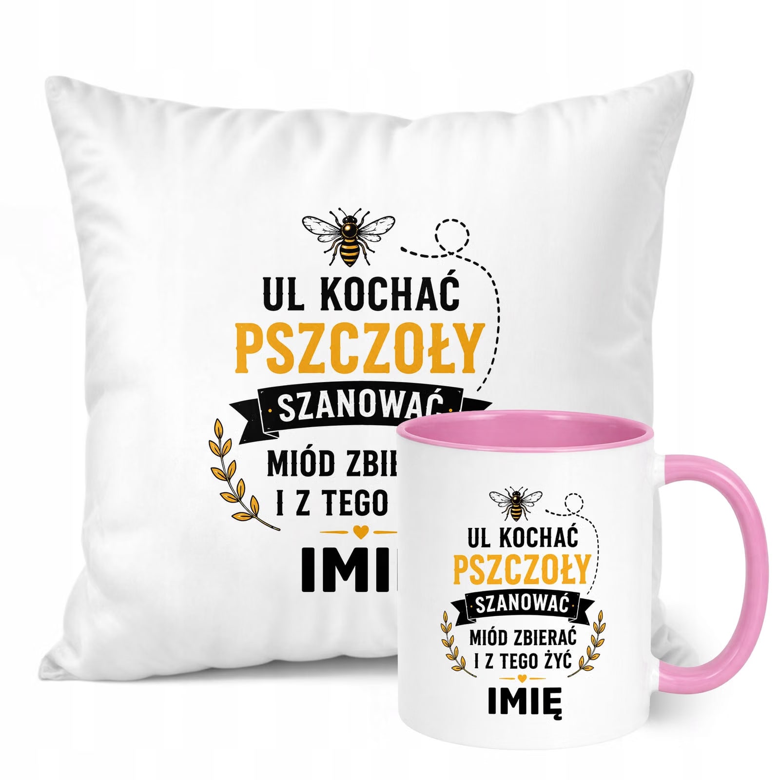Zestaw Personalizowany Kubek Różowy Poduszka Z Nadrukiem Dla Pszczelarza