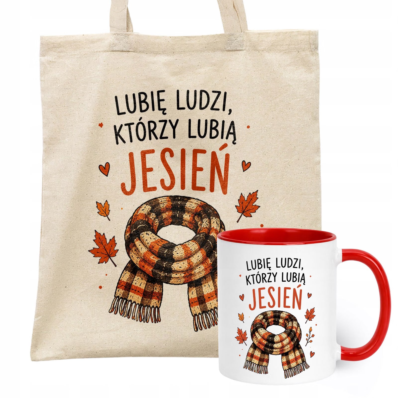 Zestaw Kubek Czerwony Torba Shopper Ecru Z Nadrukiem Jesień Jesienny
