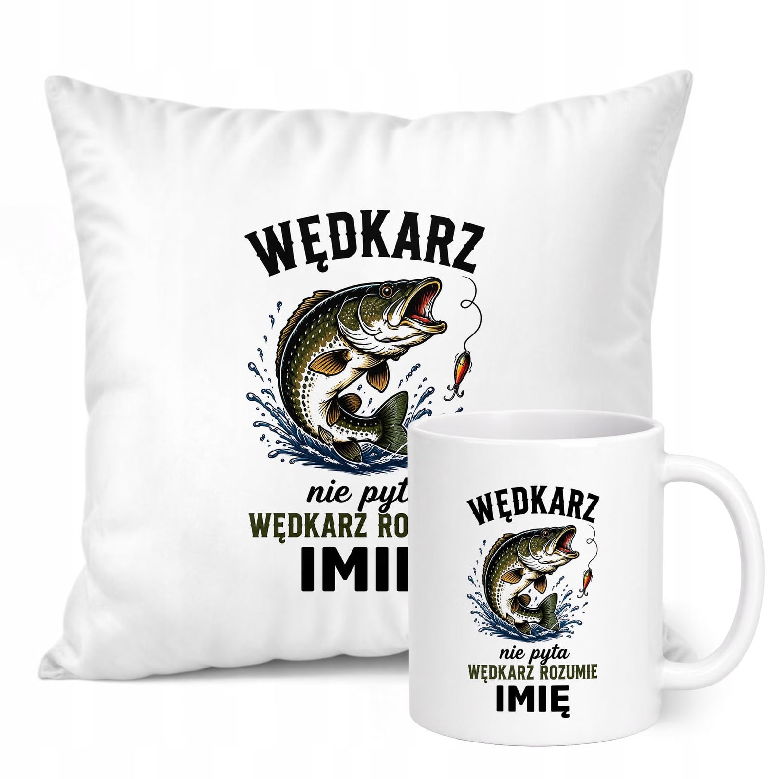Zestaw Personalizowany Kubek Biały Poduszka Z Nadrukiem Dla Wędkarza