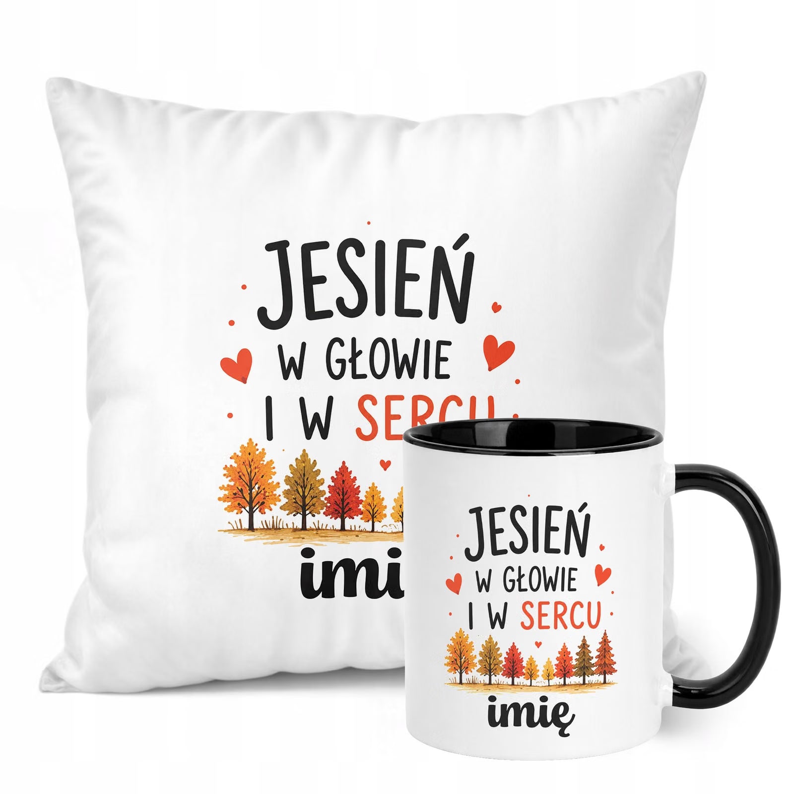 Zestaw Personalizowany Kubek Czarny Poduszka Jesień Jesienny Z Nadrukiem