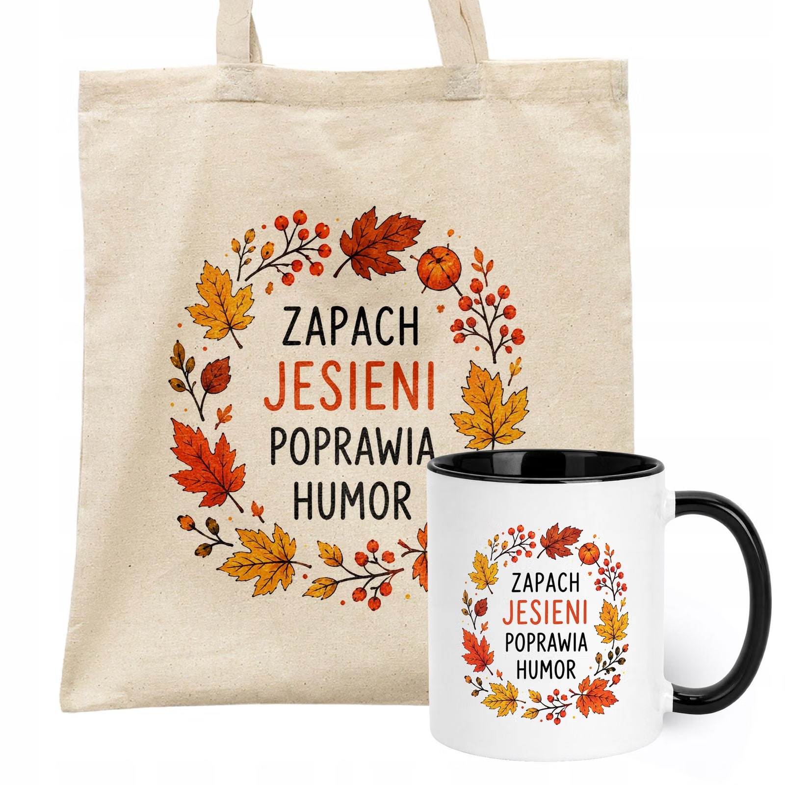 Zestaw Kubek Czarny Torba Shopper Ecru Z Nadrukiem Jesień Jesienny