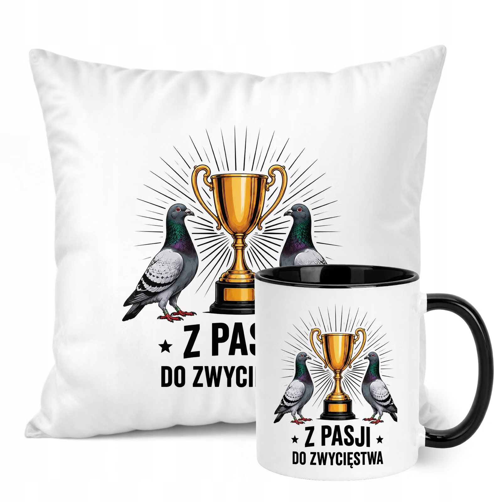Zestaw Kubek Czarny Poduszka Z Nadrukiem Dla Gołębiarza Prezent