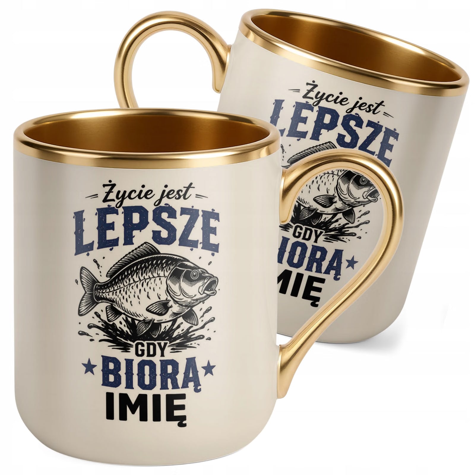 Kubek Personalizowany z nadrukiem Premium Złoty Ecru Dla Wędkarza Prezent