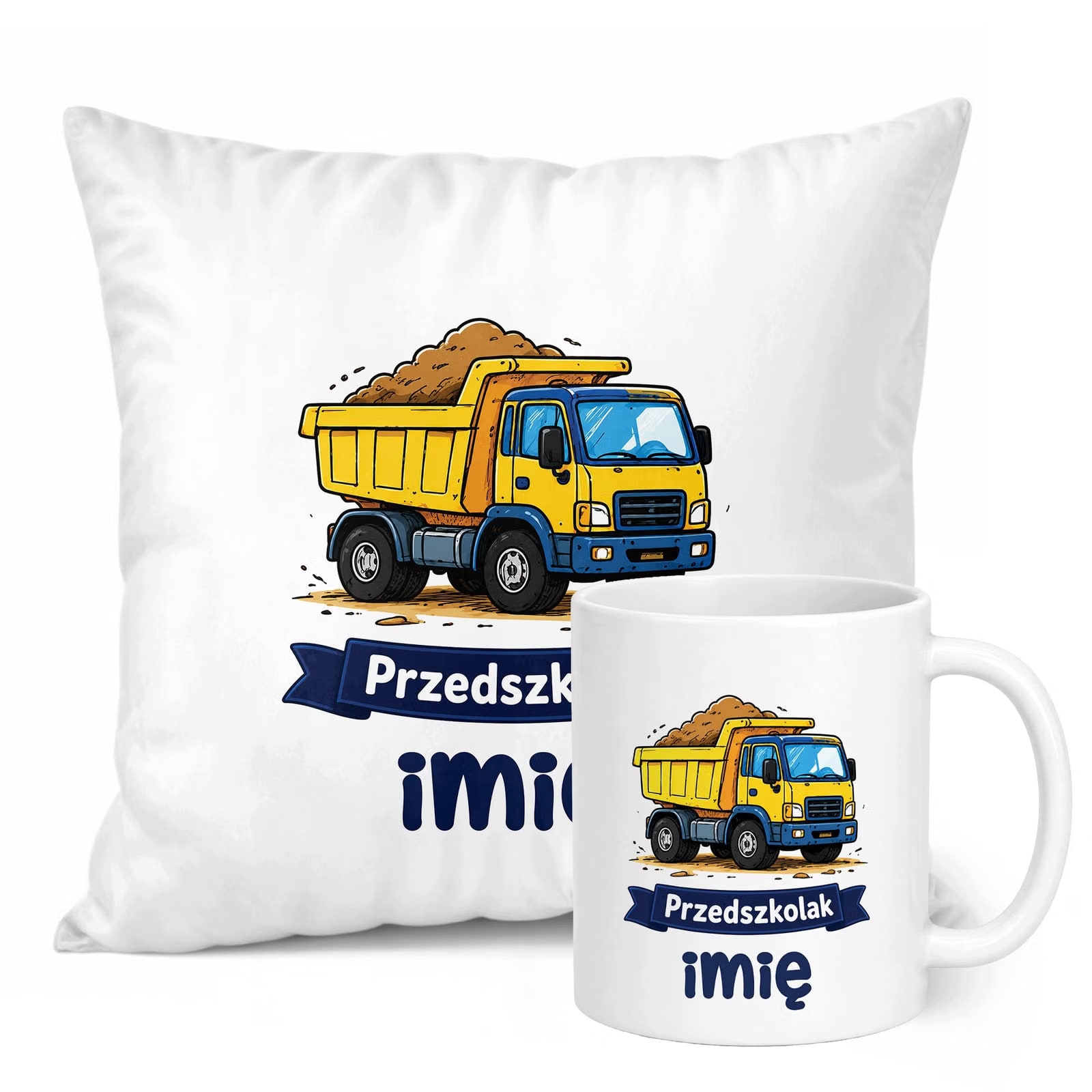 Zestaw Personalizowany Kubek Biały Poduszka Przedszkolak Ciężarówka