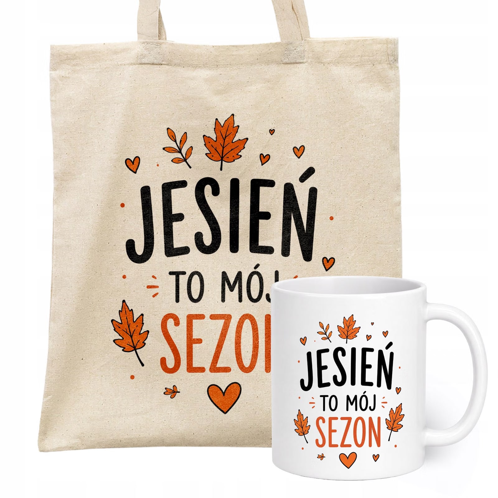 Zestaw Kubek Biały Torba Shopper Ecru Z Nadrukiem Jesień Jesienny Prezent