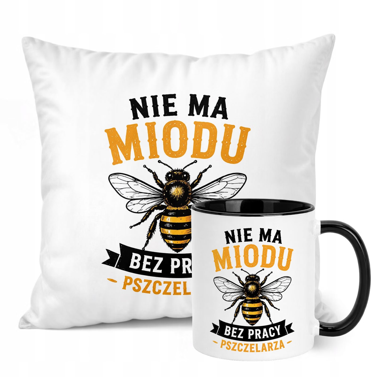 Zestaw Kubek Czarny Poduszka Z Nadrukiem Dla Pszczelarza Prezent