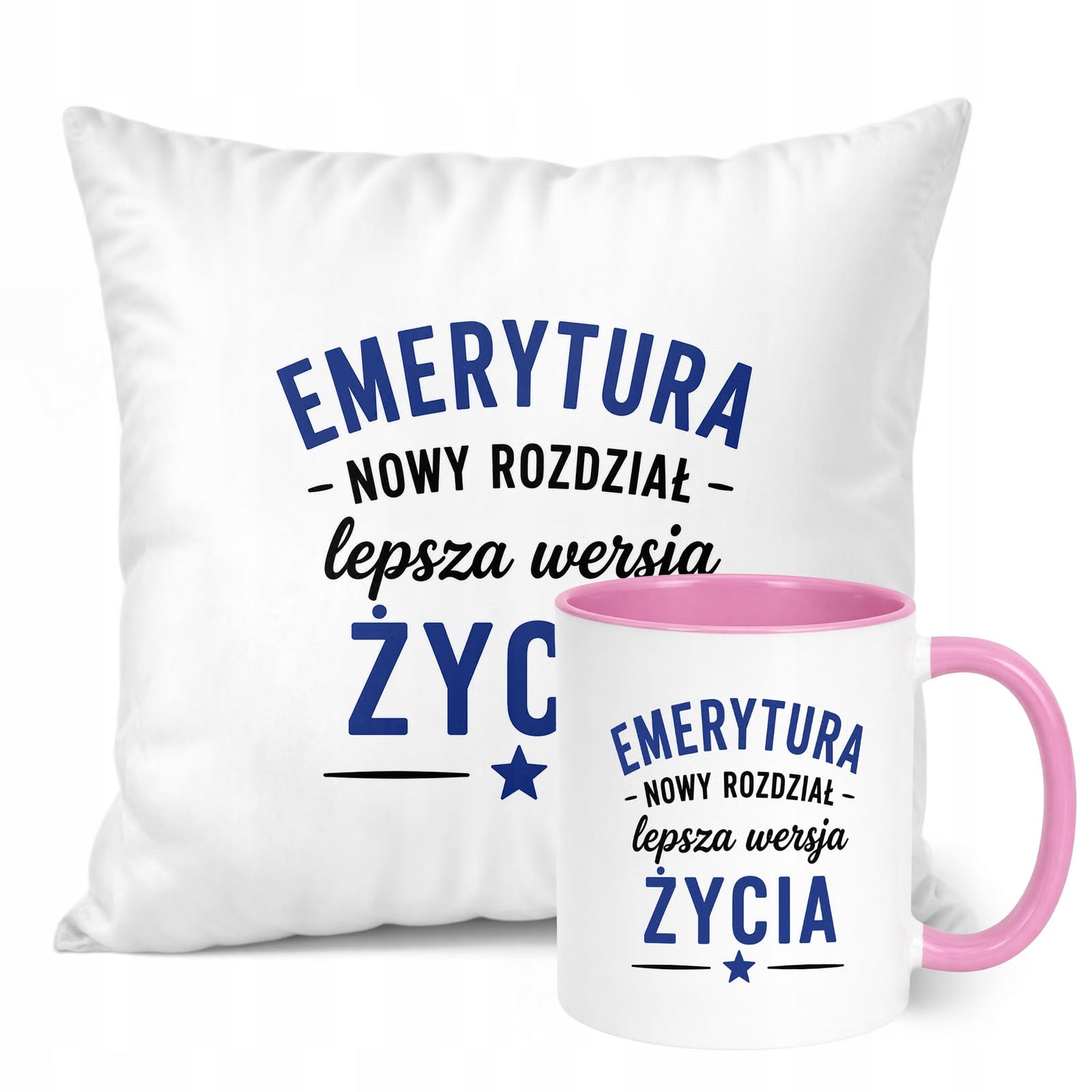 Zestaw Kubek Różowy Poduszka Z Nadrukiem Emerytura Dla Emeryta Prezent