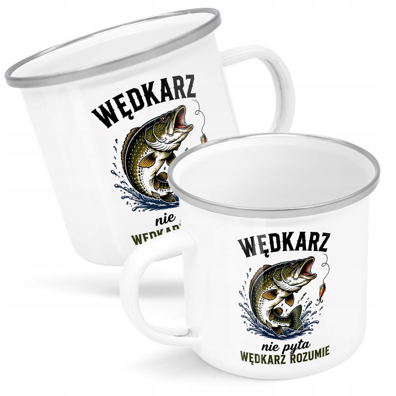 Kubek Emaliowany Dla Wędkarza z Nadrukiem Biały Metalowy Prezent