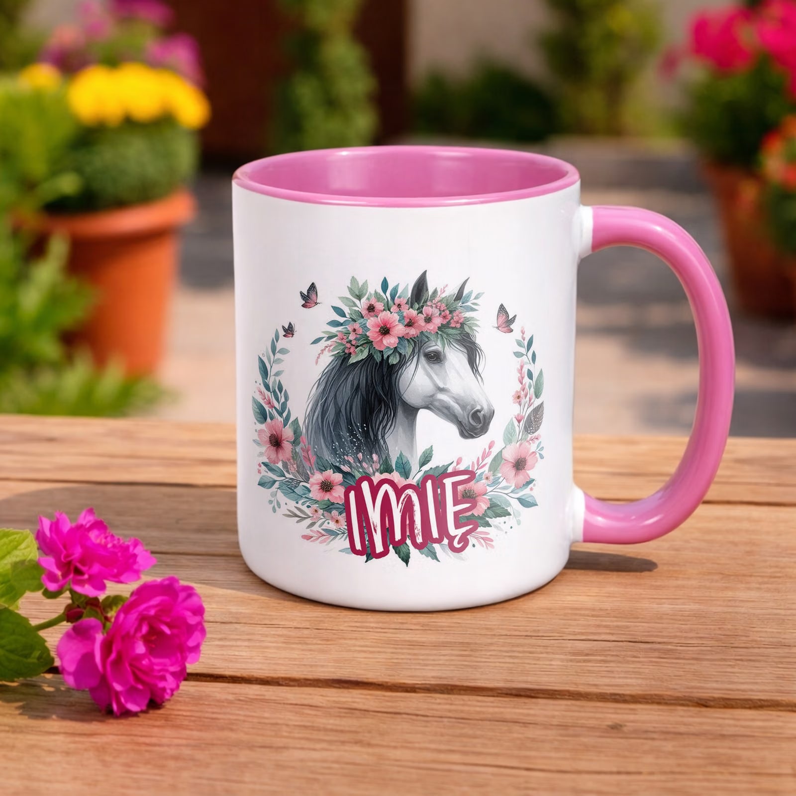 Kubek Różowy Personalizowany Z Koniem Koń Słodki Dla Dzieci Prezent