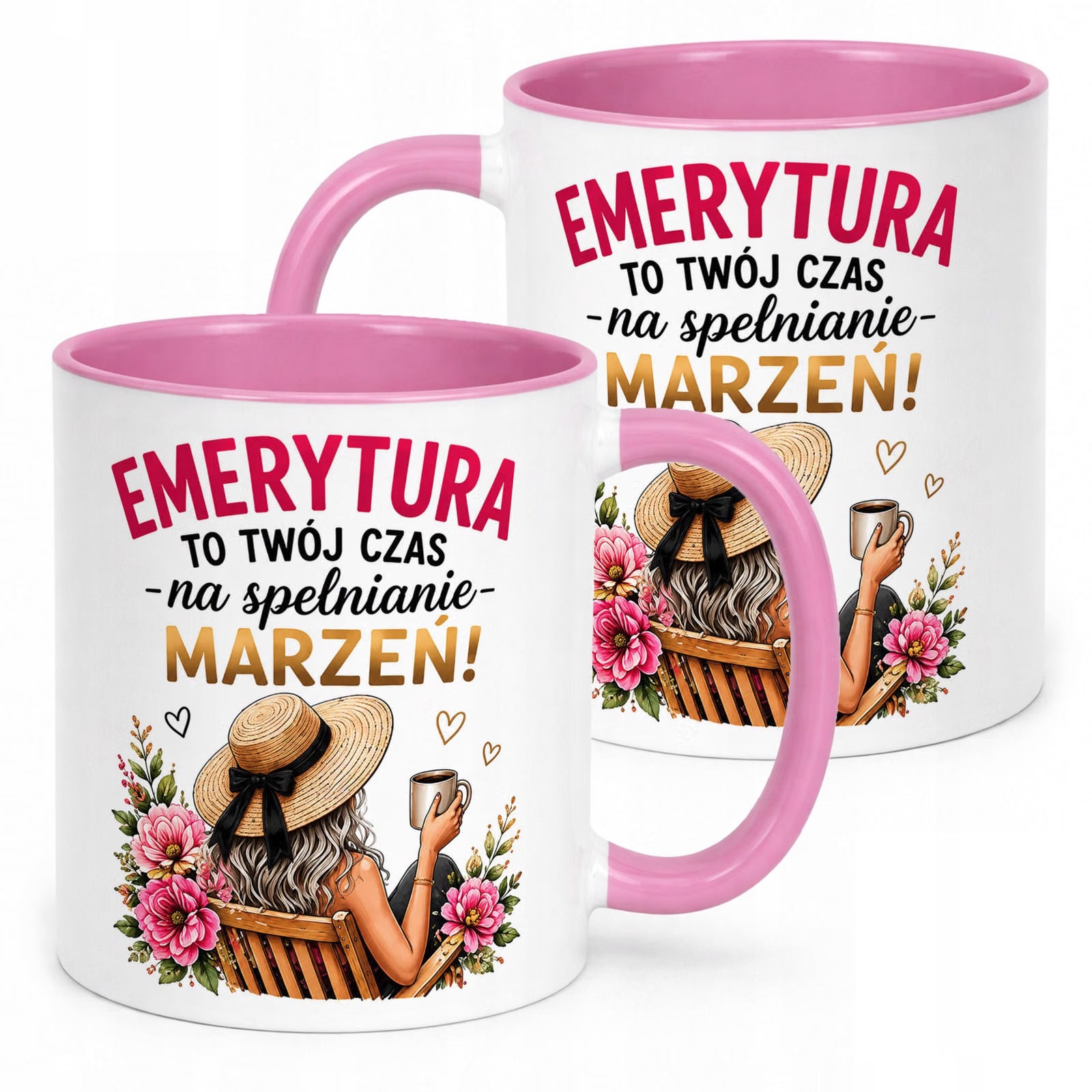 Kubek Różowy z nadrukiem Emerytura Dla Emerytki Upominek Prezent
