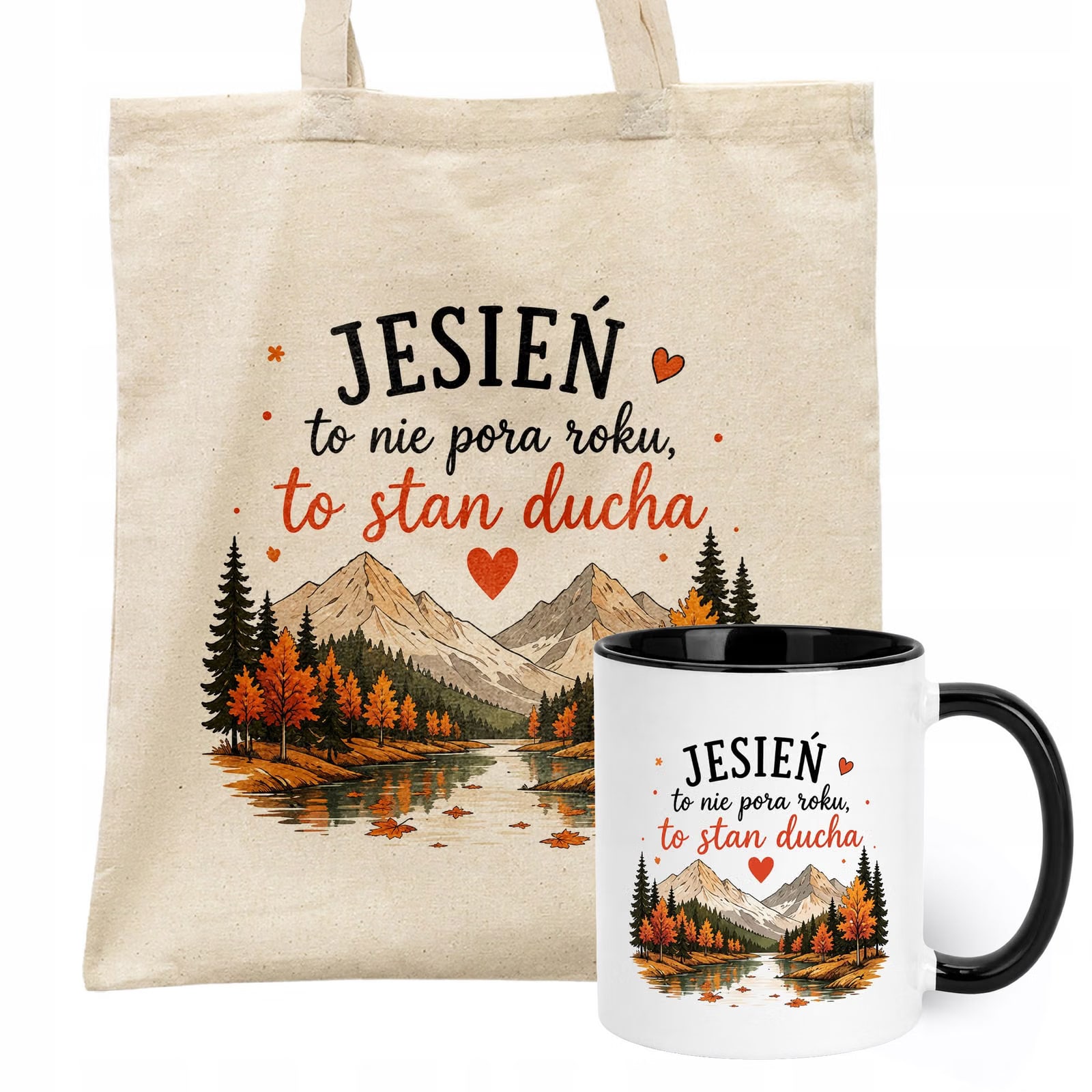 Zestaw Kubek Czarny Torba Shopper Ecru Z Nadrukiem Jesień Jesienny