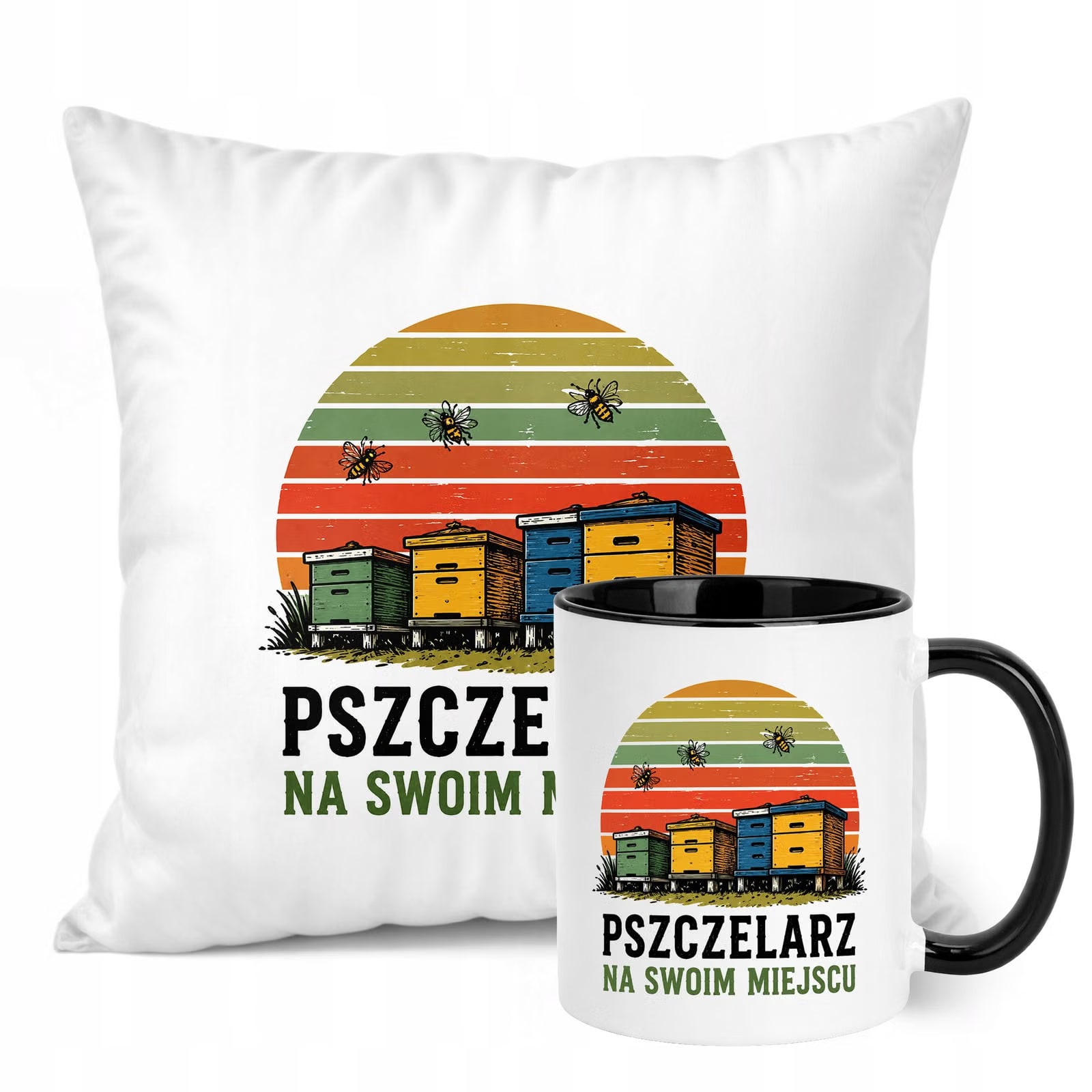 Zestaw Kubek Czarny Poduszka Z Nadrukiem Dla Pszczelarza Prezent