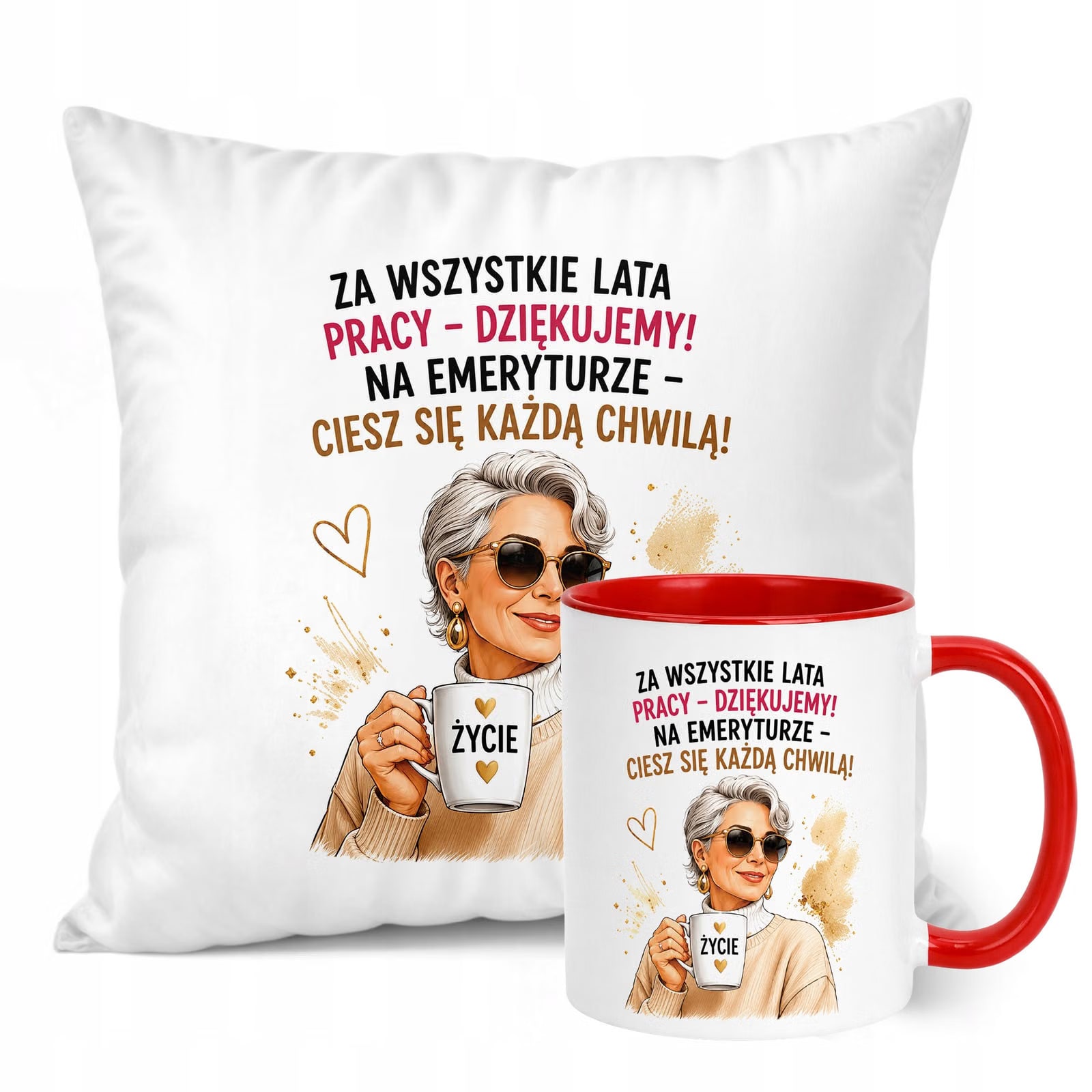 Zestaw Kubek Czerwony Poduszka Z Nadrukiem Emerytura Dla Emerytki Prezent