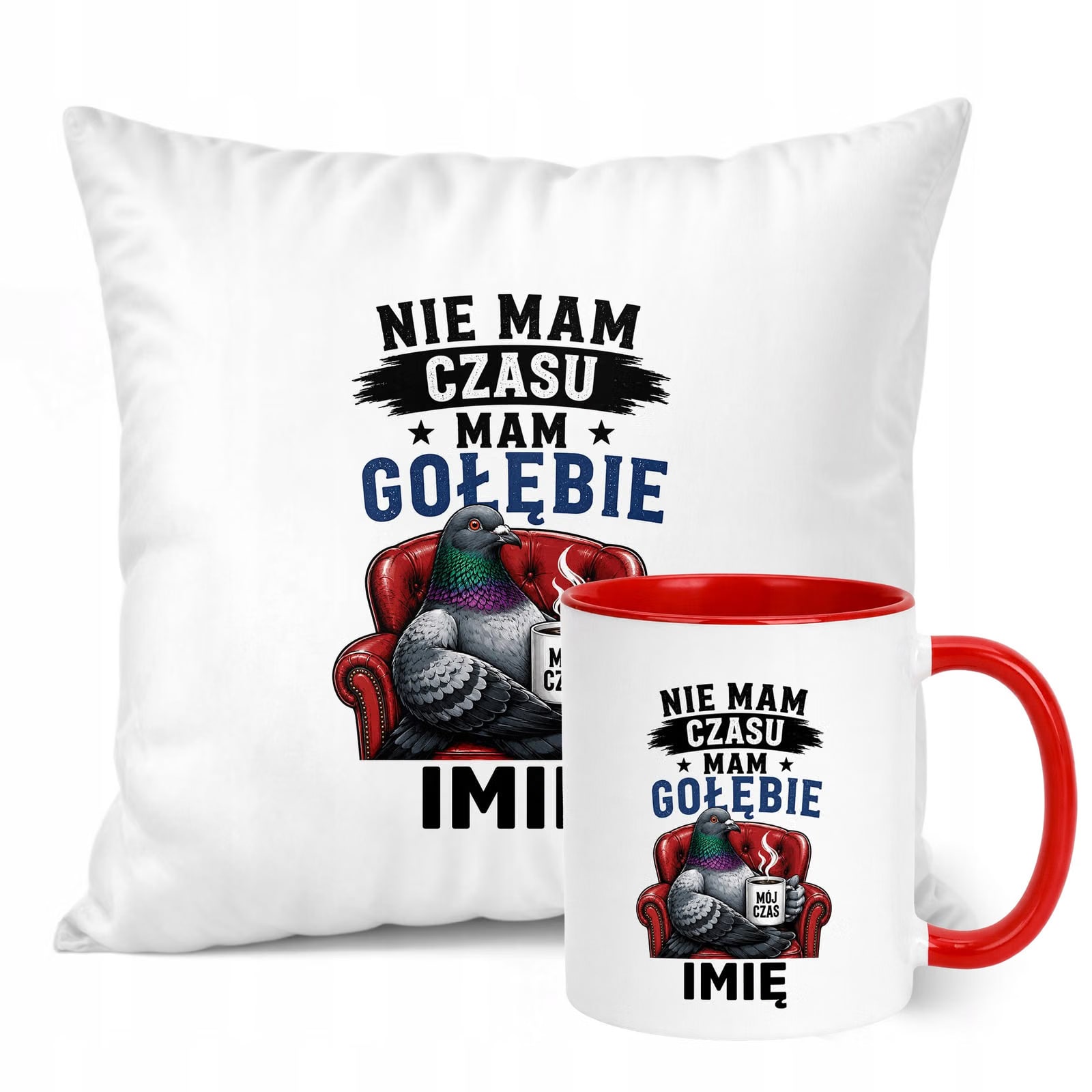 Zestaw Personalizowany Kubek Czerwony Poduszka Z Nadrukiem Dla Gołębiarza