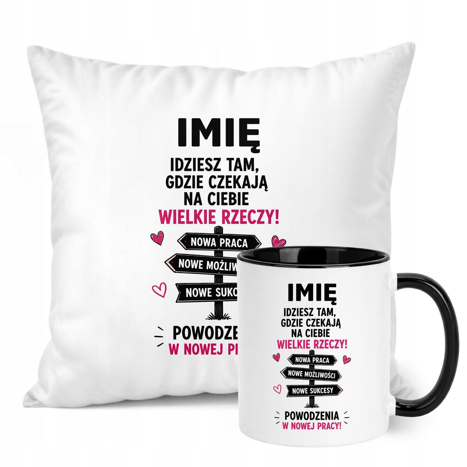 Zestaw Personalizowany Kubek Czarny Poduszka Odejście z Pracy Prezent